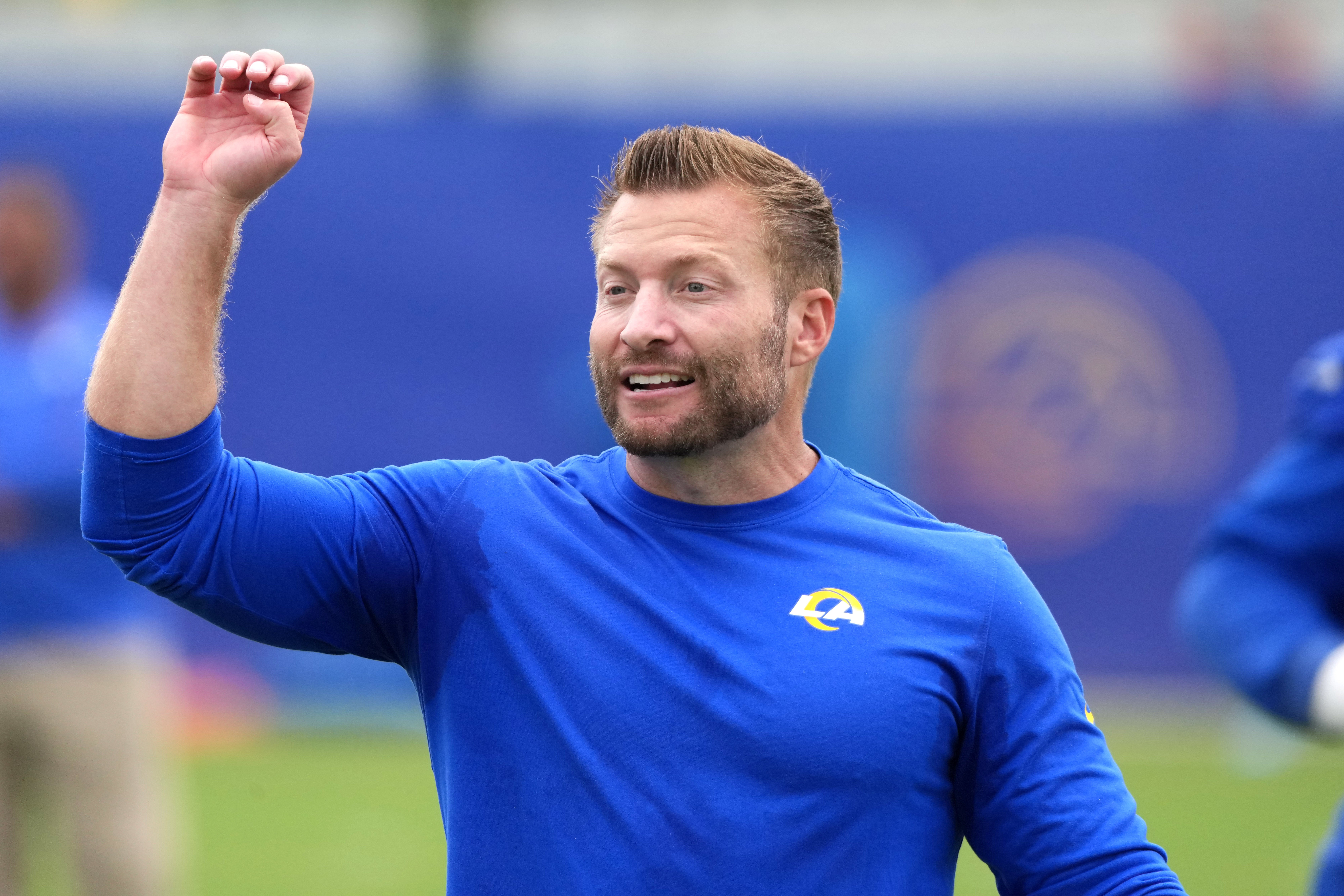 May 28, 2025; Woodland Hills, CA, USA; Los Angeles Rams coach Sean McVay gestures during organized team activities at Rams Practice Facility.
