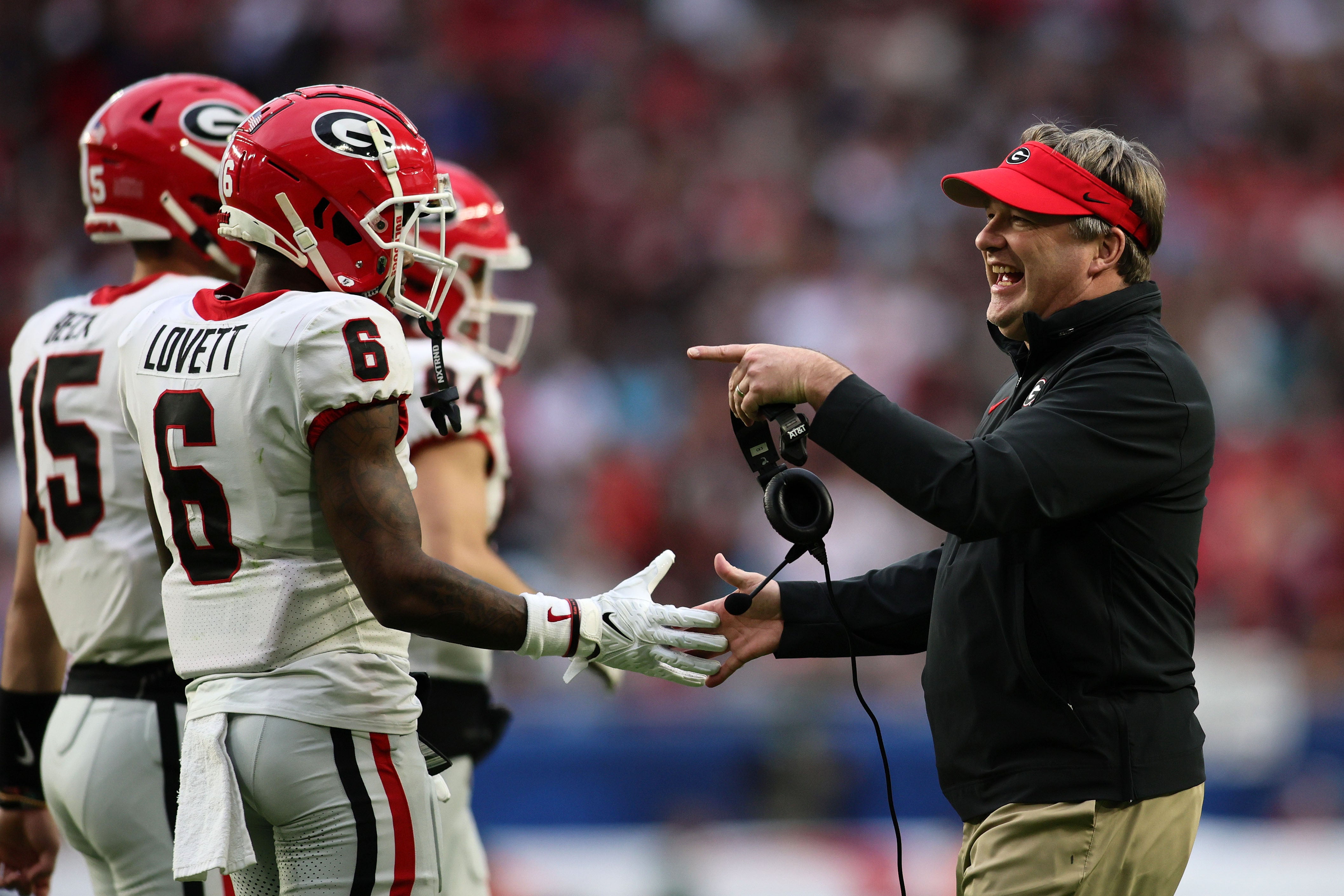 Georgia Bulldogs head coach Kirby Smart reacts during the first half in the 2023 Orange Bowl against the Florida State Seminoles at Hard Rock Stadium.