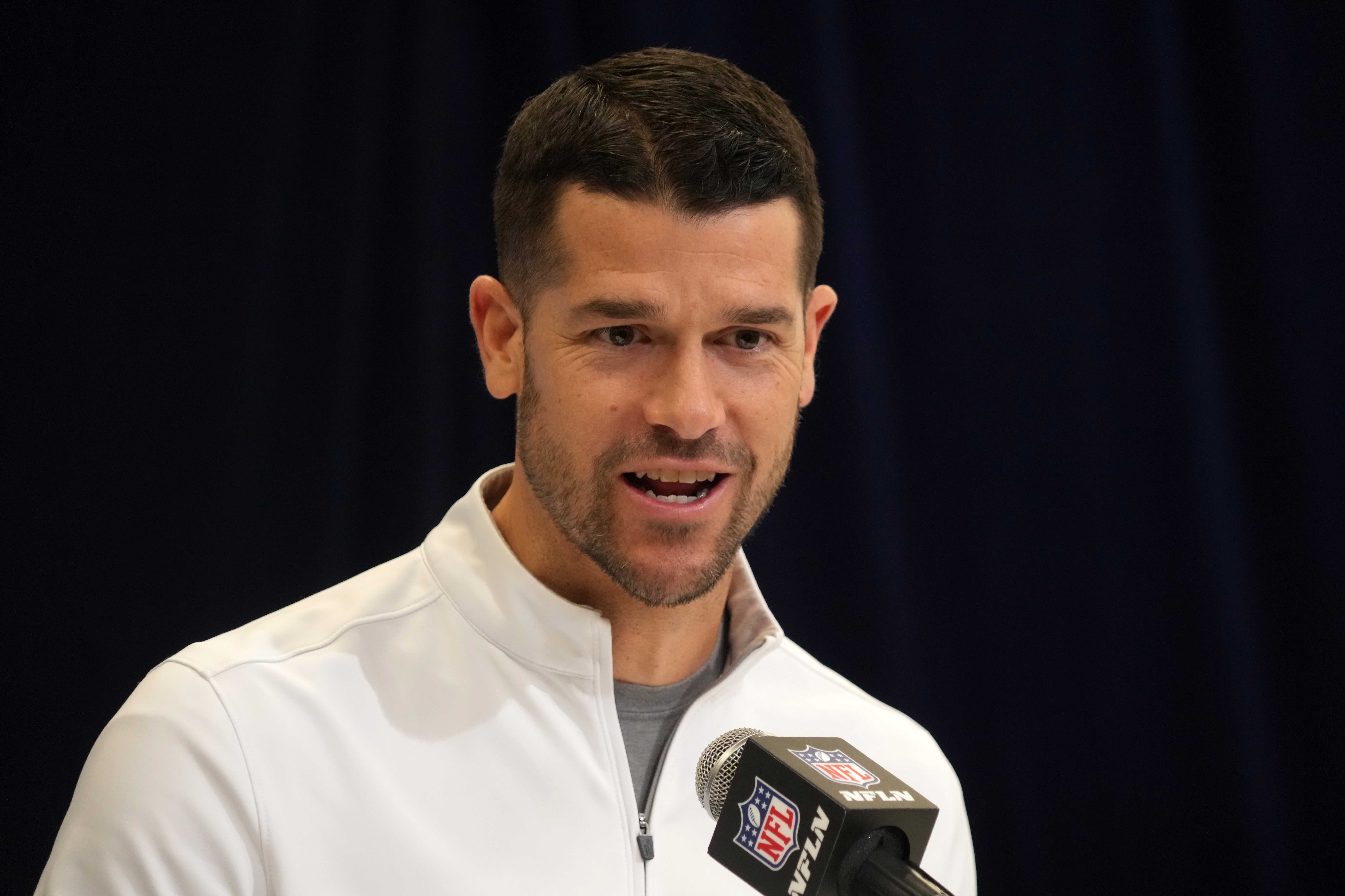 Feb 25, 2025; Indianapolis, IN, USA; Carolina Panthers coach Dave Canales speaks during the NFL Scouting Combine at the Indiana Convention Center.