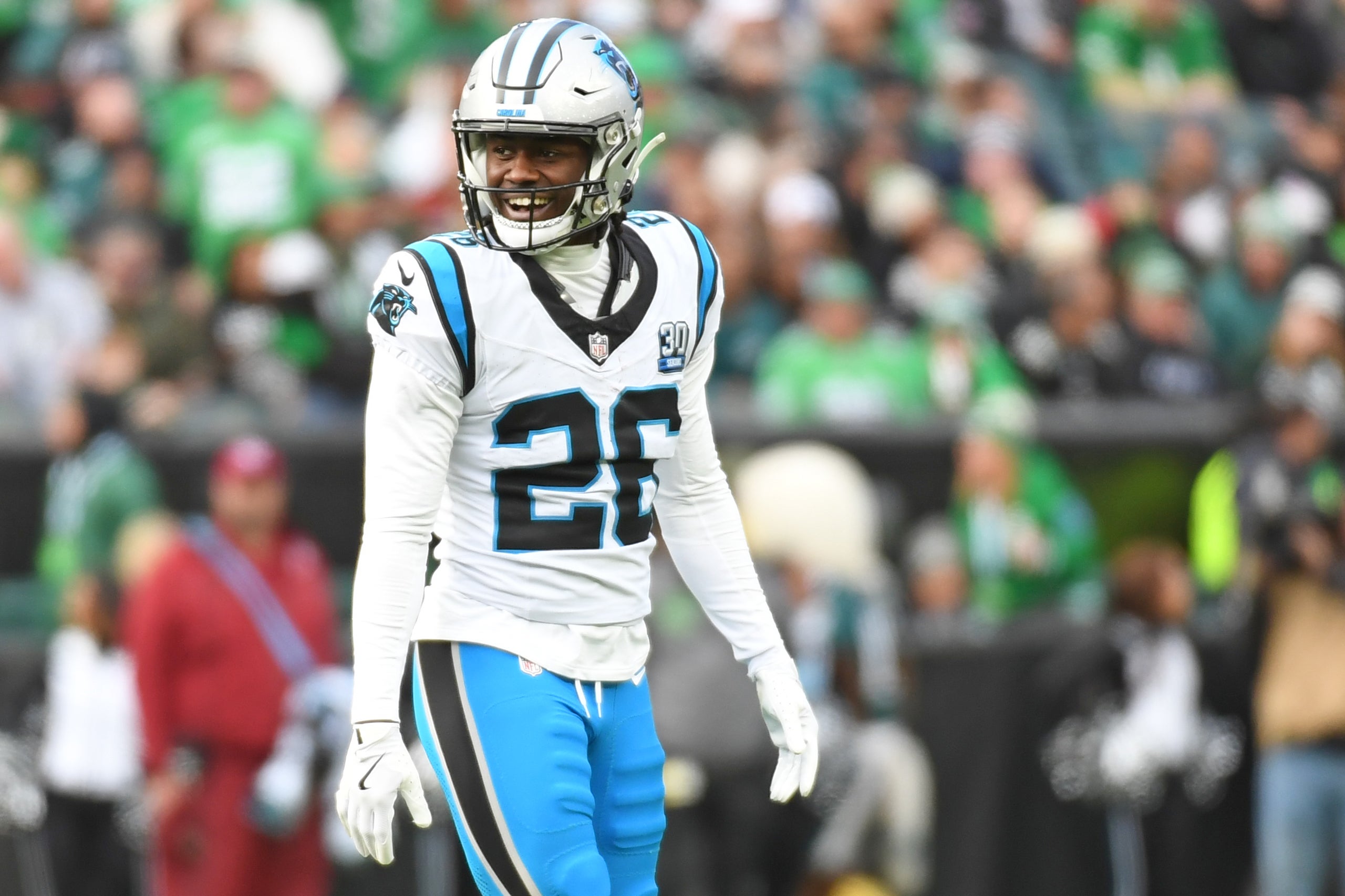 Dec 8, 2024; Philadelphia, Pennsylvania, USA; Carolina Panthers cornerback Chau Smith-Wade (26) against the Philadelphia Eagles at Lincoln Financial Field.