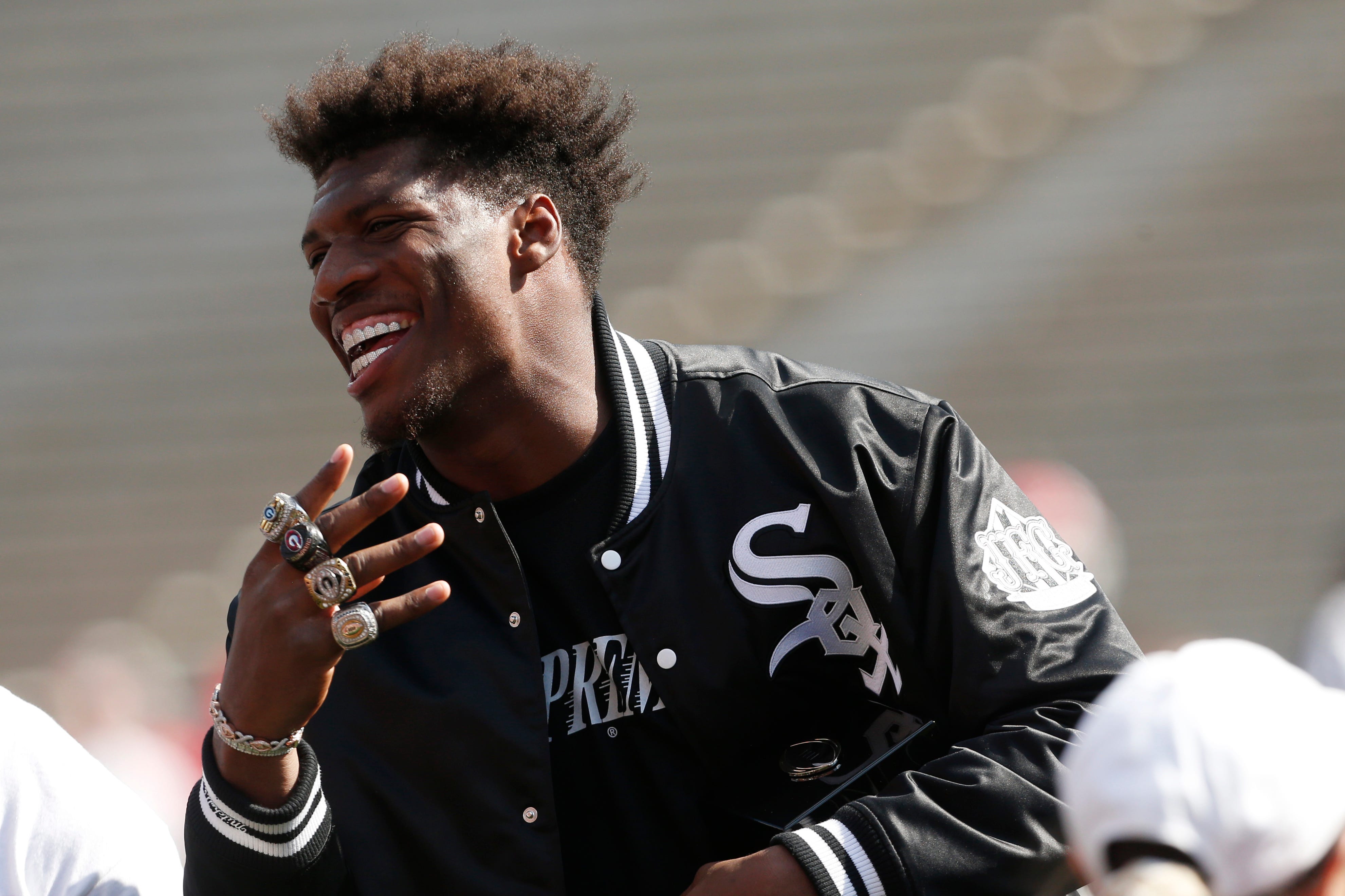 Georgia tight end Darnell Washington gets his championship rings during the UGA G-Day spring football game at Sanford Stadium in Athens, Ga., on Saturday, April 15, 2023. News Joshua L Jones