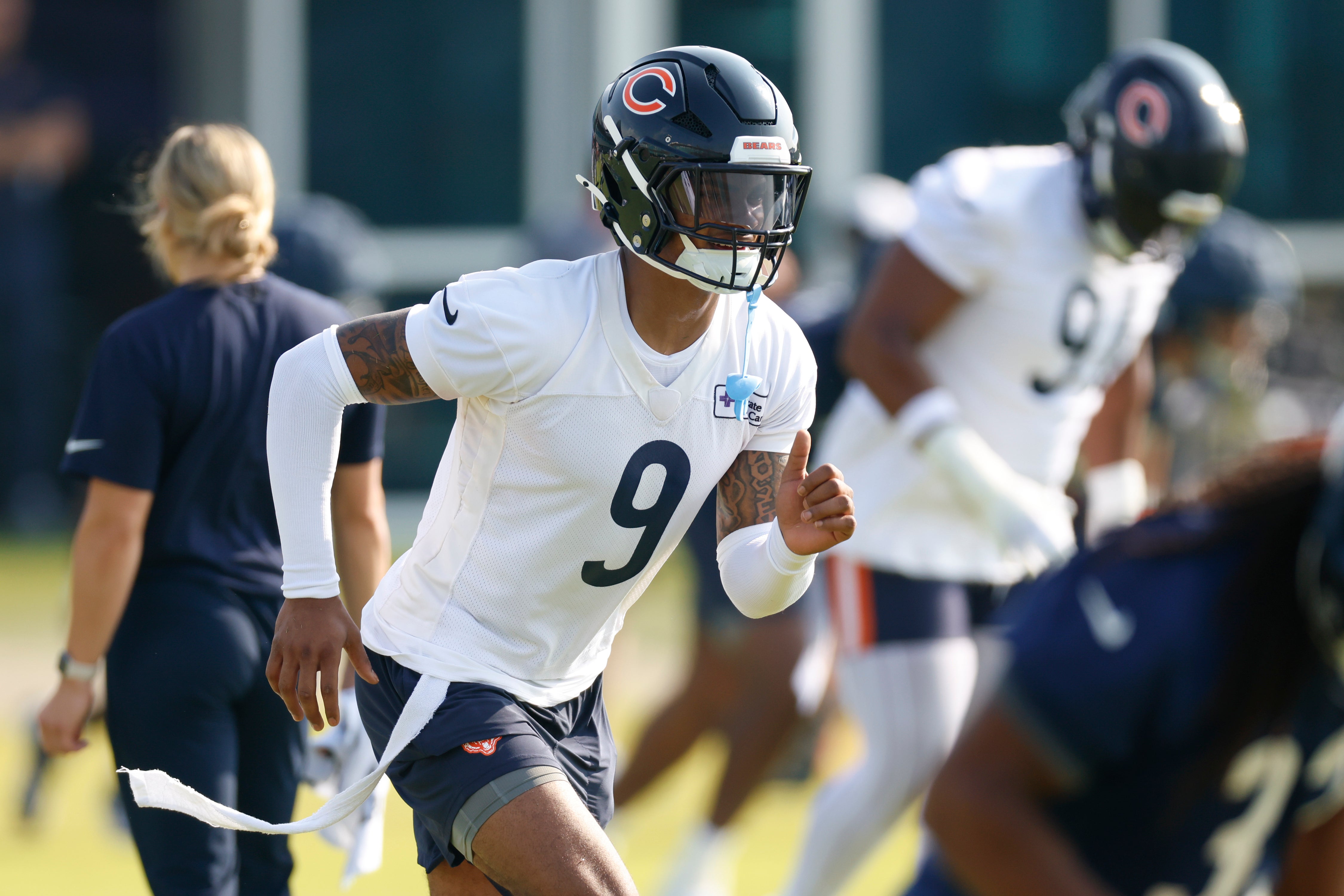 Jul 23, 2025; Lake Forest, IL, USA; Chicago Bears safety Jaquan Brisker (9) runs during training camp at Halas Hall. Mandatory Credit: Kamil Krzaczynski-Imagn Images