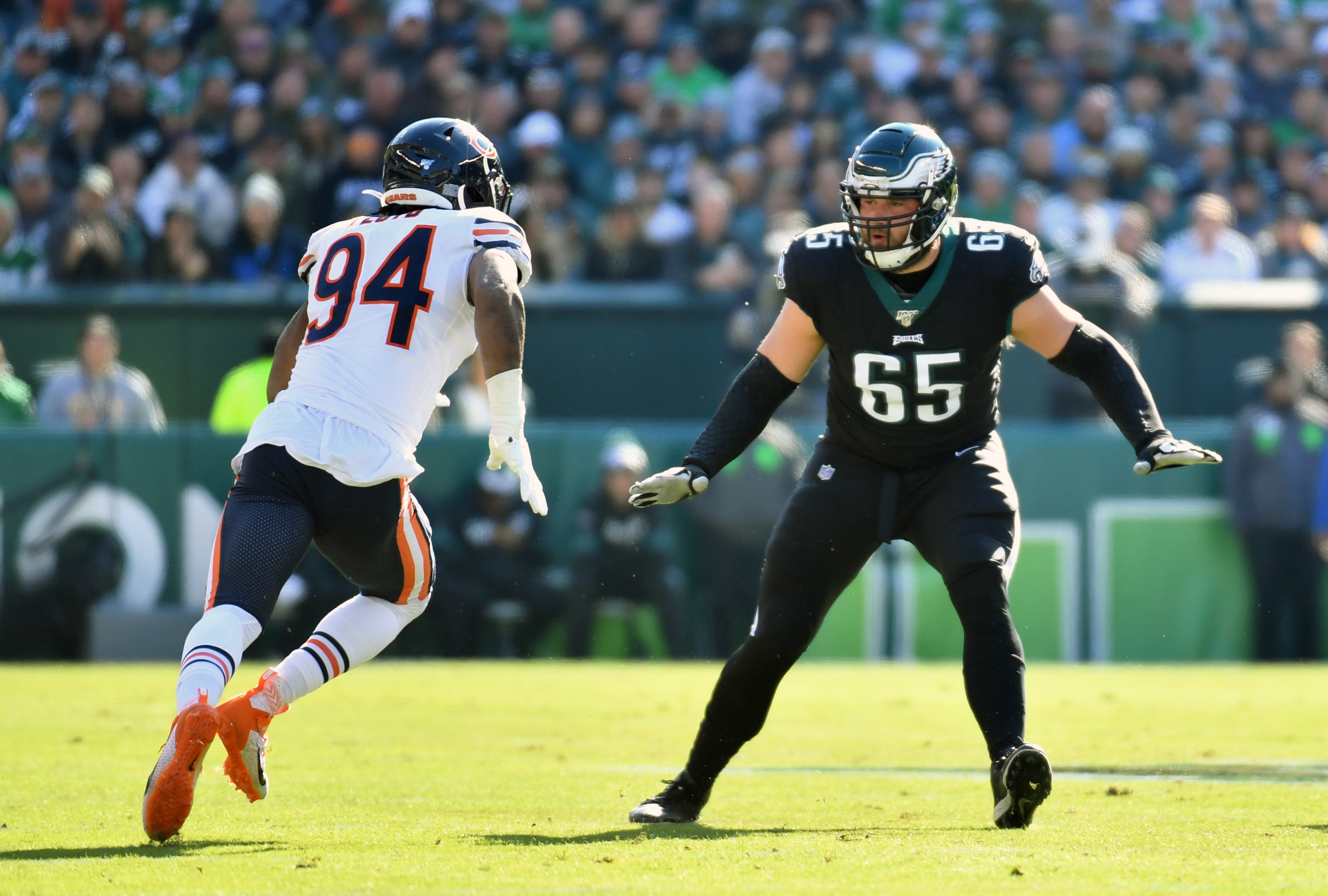 Nov 3, 2019; Philadelphia, PA, USA; Philadelphia Eagles offensive tackle Lane Johnson (65) blocks Chicago Bears outside linebacker Leonard Floyd (94) at Lincoln Financial Field. Mandatory Credit: Eric Hartline-USA TODAY Sports