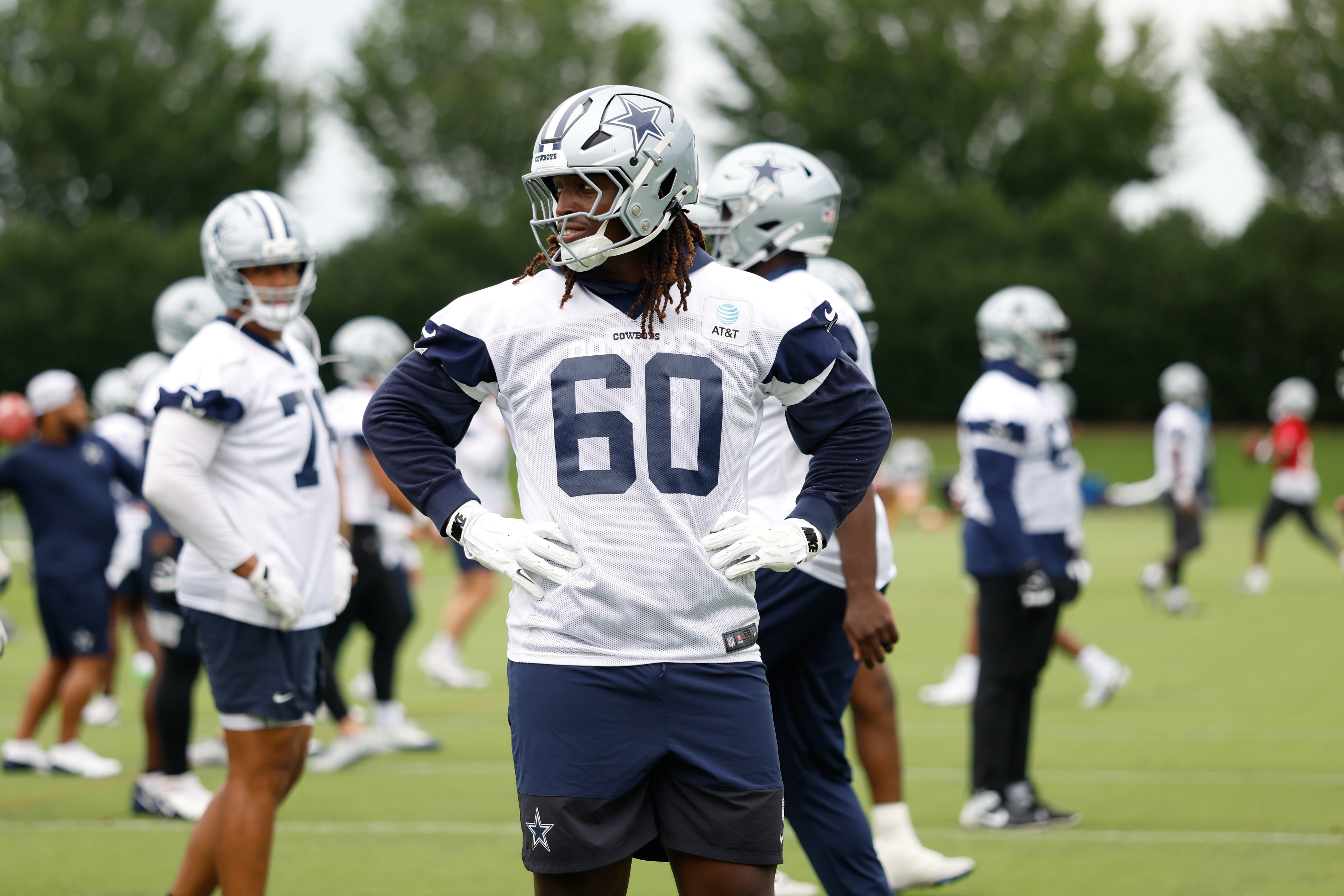Jun 10, 2025; Arlington, TX, USA; Dallas Cowboys offensive tackle Tyler Guyton (60) goes through a drill during practice at the Ford Center at the Star Training Facility in Frisco, Texas.
