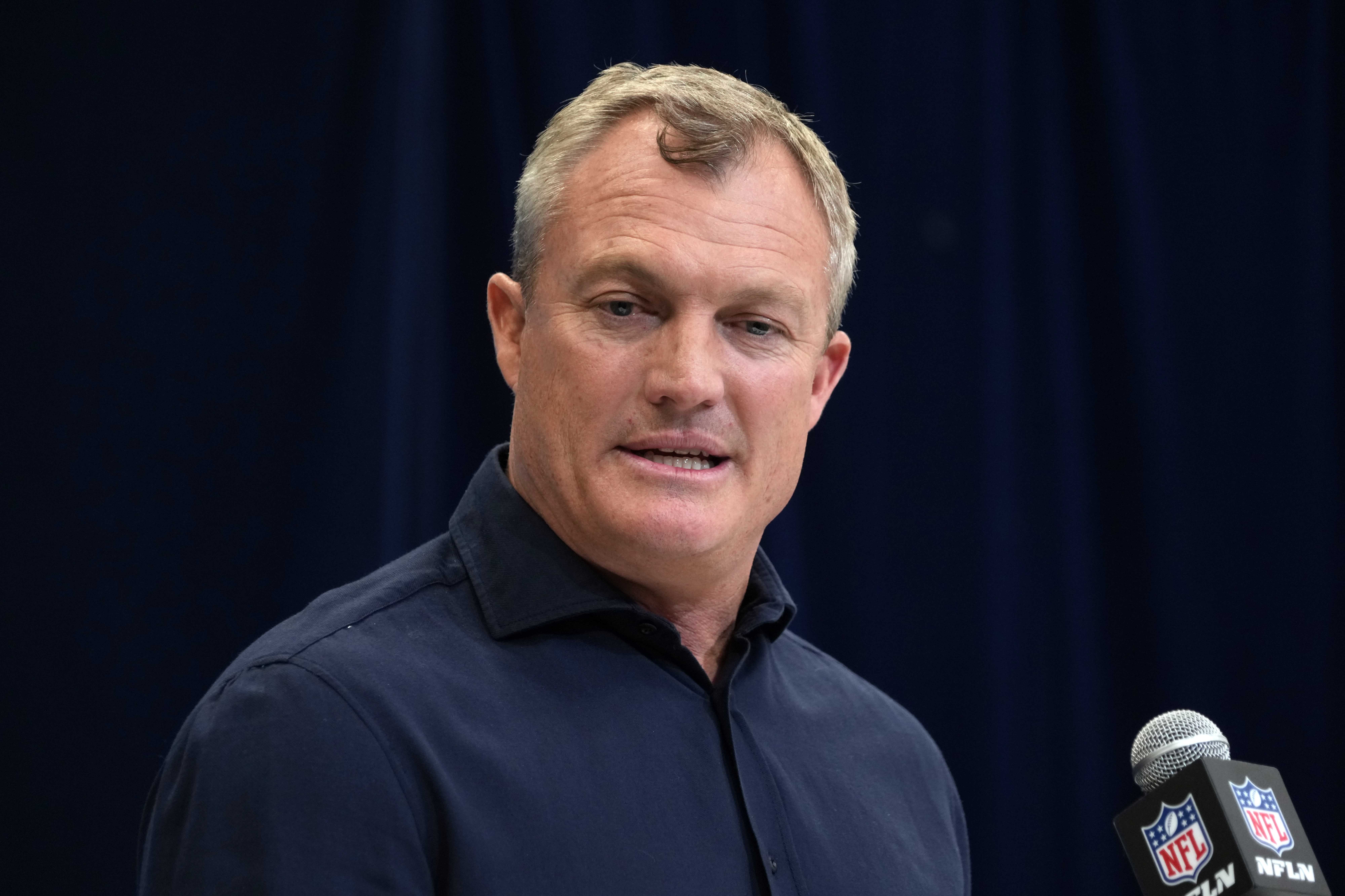 Feb 27, 2025; Indianapolis, IN, USA; San Francisco 49ers general manager John Lynch speaks during the 2025 NFL Scouting Combine at the Indiana Convention Center.