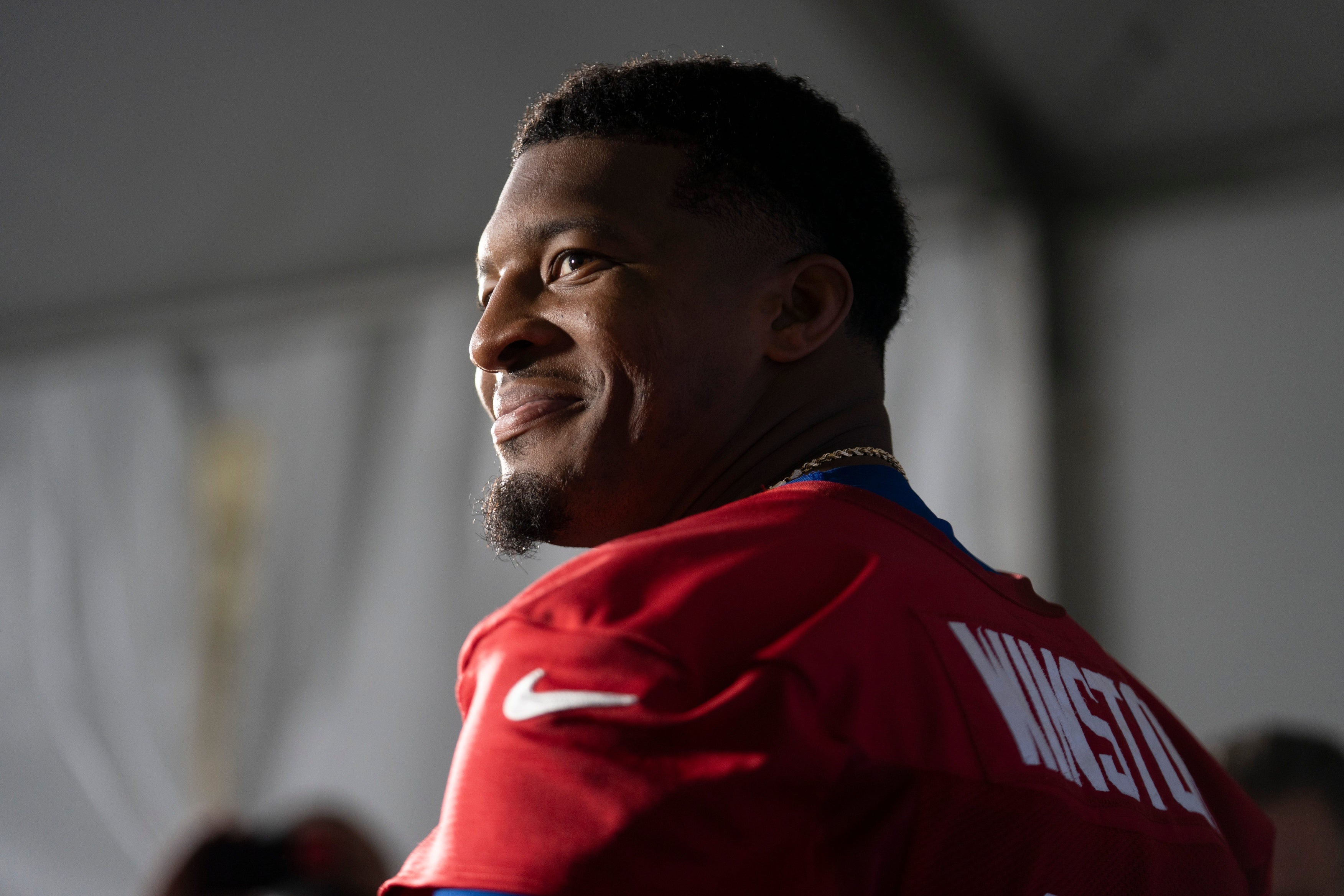 New York Giants quarterback Jameis Winston (19) speaks with members of the media during Mandatory Minicamp at Quest Diagnostics Giants Training Center in East Rutherford