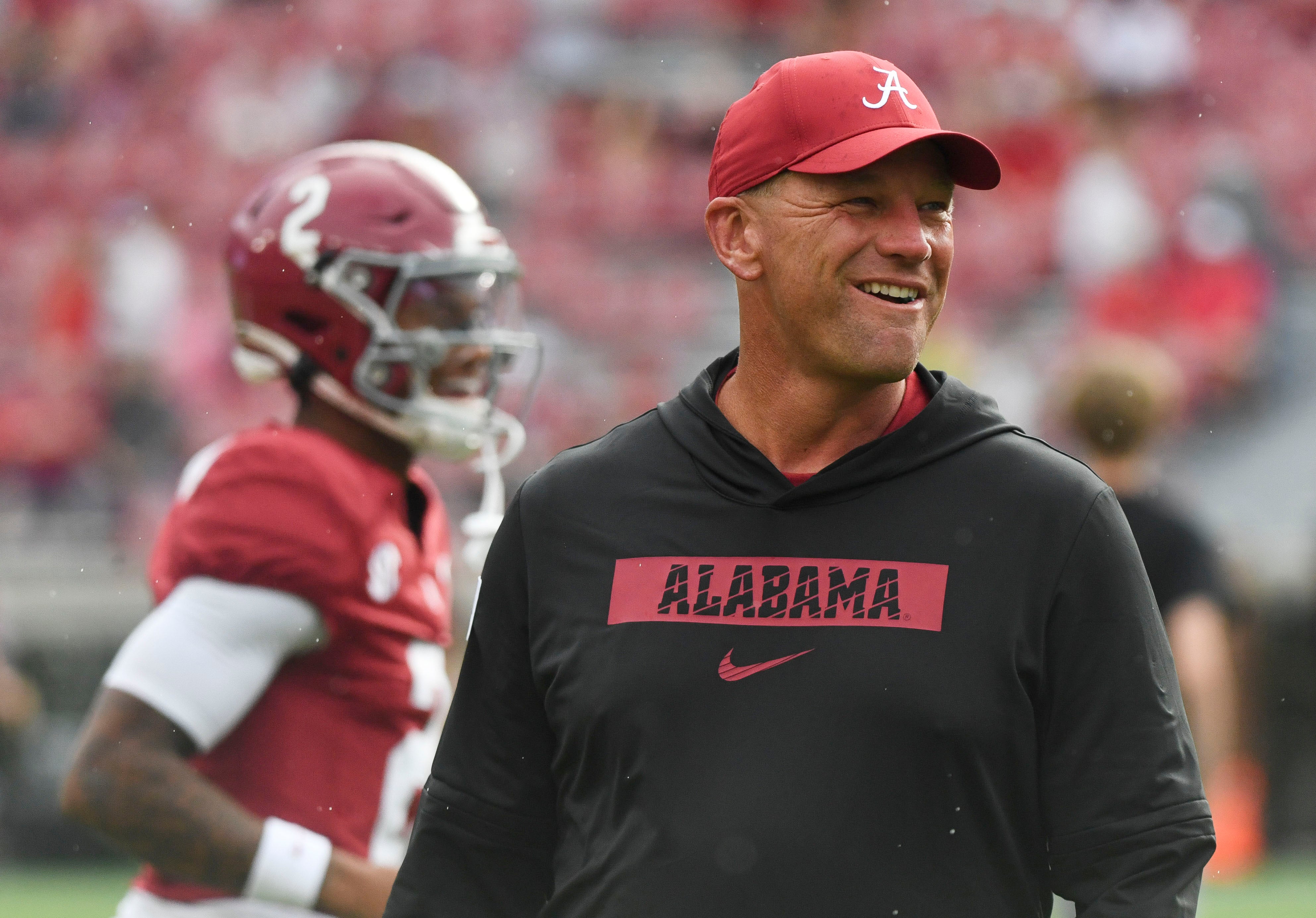 Aug 31, 2024; Tuscaloosa, Alabama, USA; Alabama Crimson Tide head coach Kalen DeBoer watches his team warm up before a game against the Western Kentucky Hilltoppers at Bryant-Denny Stadium. The game will be the first with DeBoer as head coach of the Crimson Tide. Mandatory Credit: Gary Cosby Jr.-Imagn Images