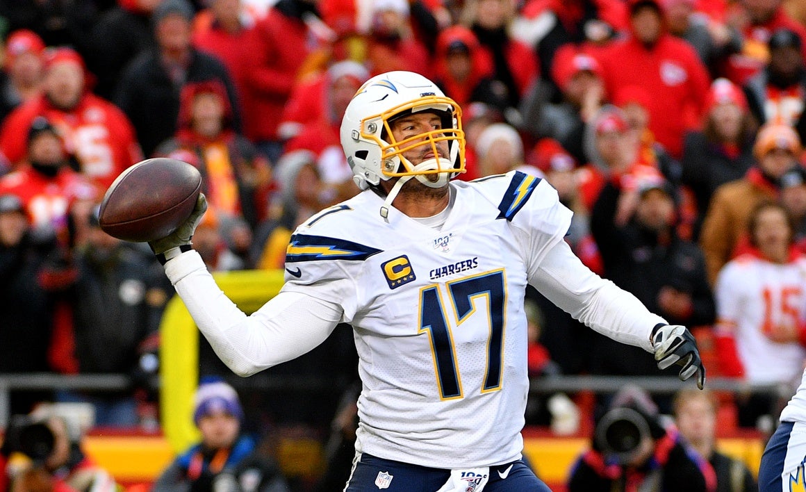 Los Angeles Chargers quarterback Philip Rivers (17) throws a pass during the second half against the Kansas City Chiefs at Arrowhead Stadium.
