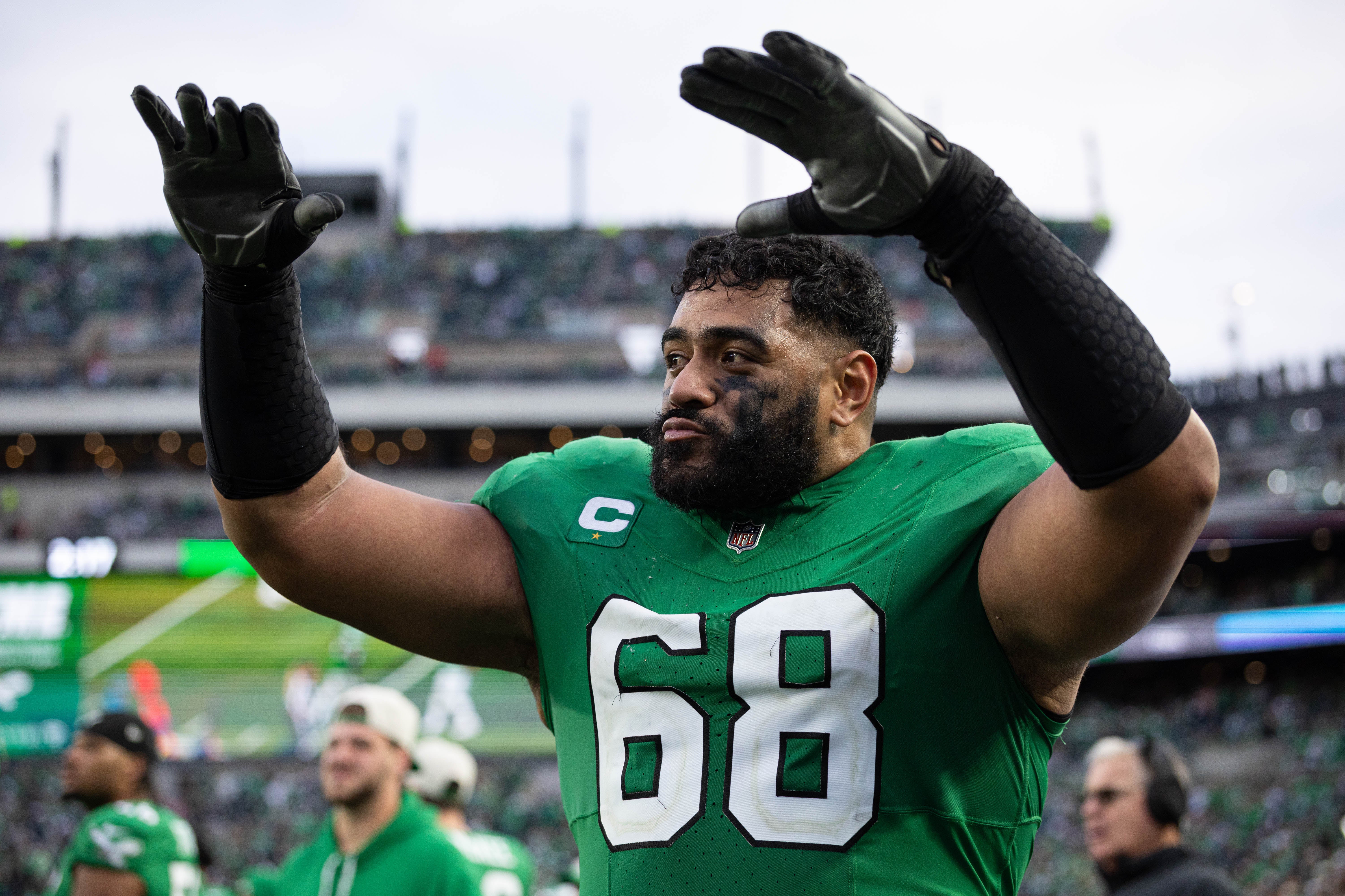 Philadelphia Eagles offensive tackle Jordan Mailata (68) reacts against the Dallas Cowboys at Lincoln Financial Field.