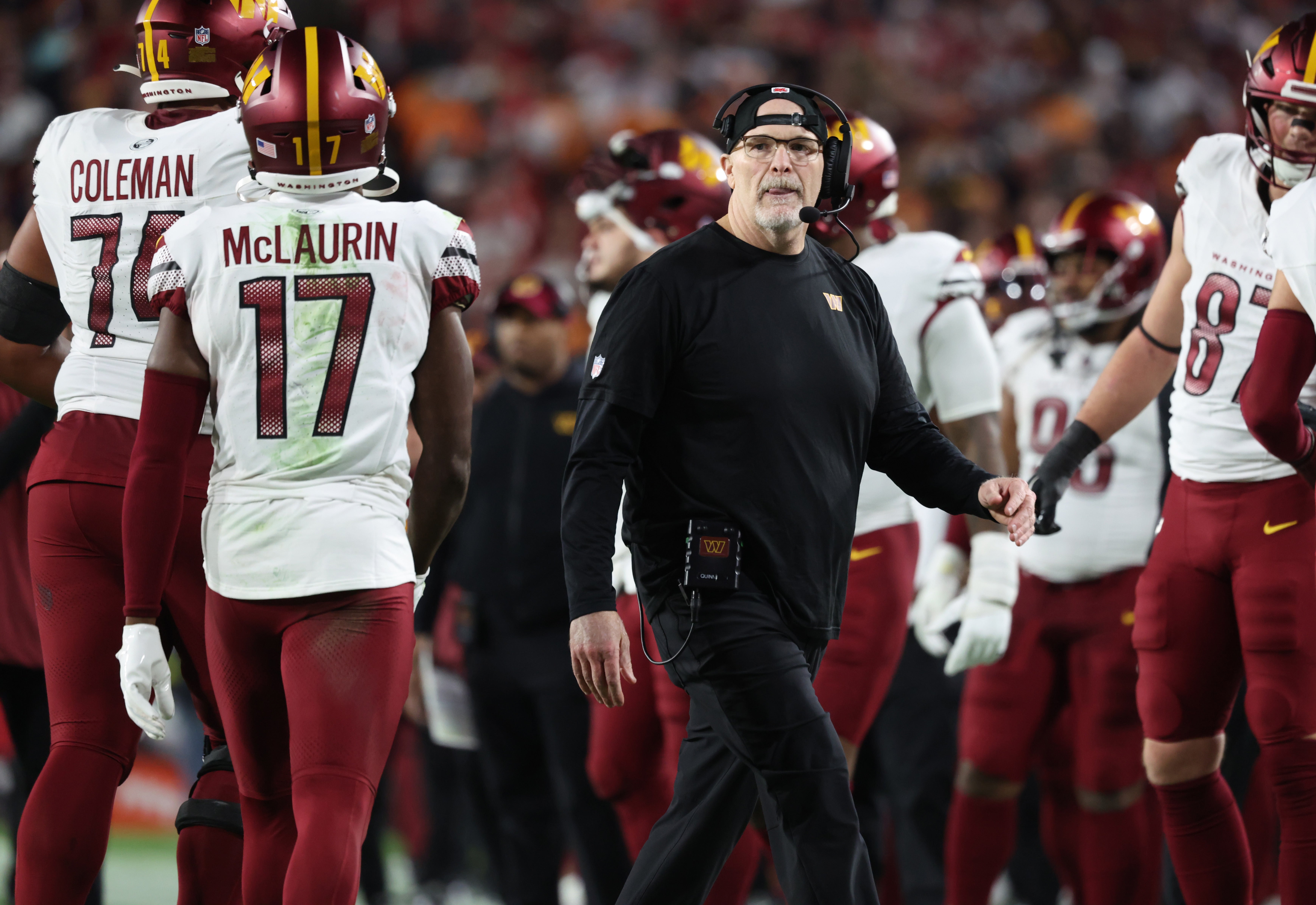 Jan 12, 2025; Tampa, Florida, USA; Washington Commanders head coach Dan Quinn during the fourth quarter of a NFC wild card playoff against the Tampa Bay Buccaneers at Raymond James Stadium.