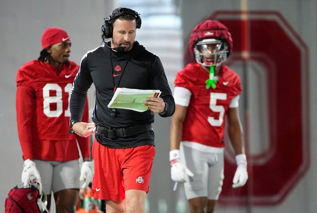 Ohio State Buckeyes offensive coordinator Brian Hartline calls plays during spring football practice at the Woody Hayes Athletic Center on March 17, 2025