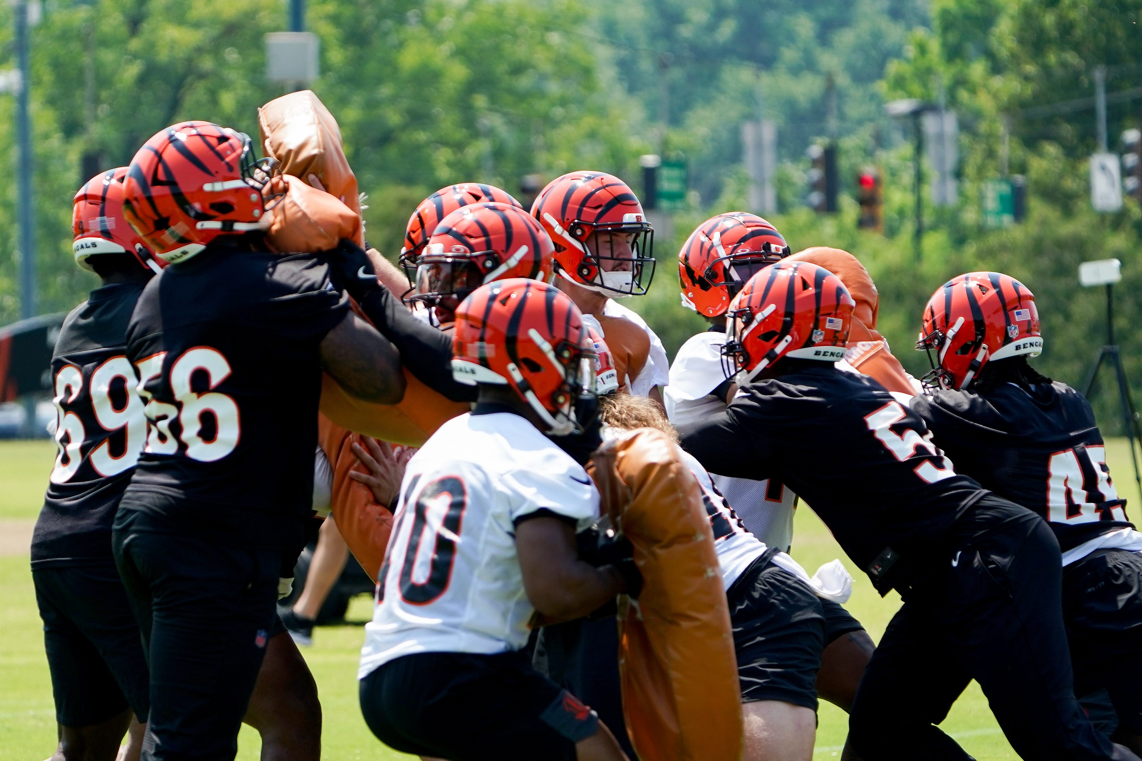 Cincinnati Bengals players run through drills during practice, Wednesday, June 11, 2025, at Kettering Health Practice Fields in Downtown Cincinnati.  