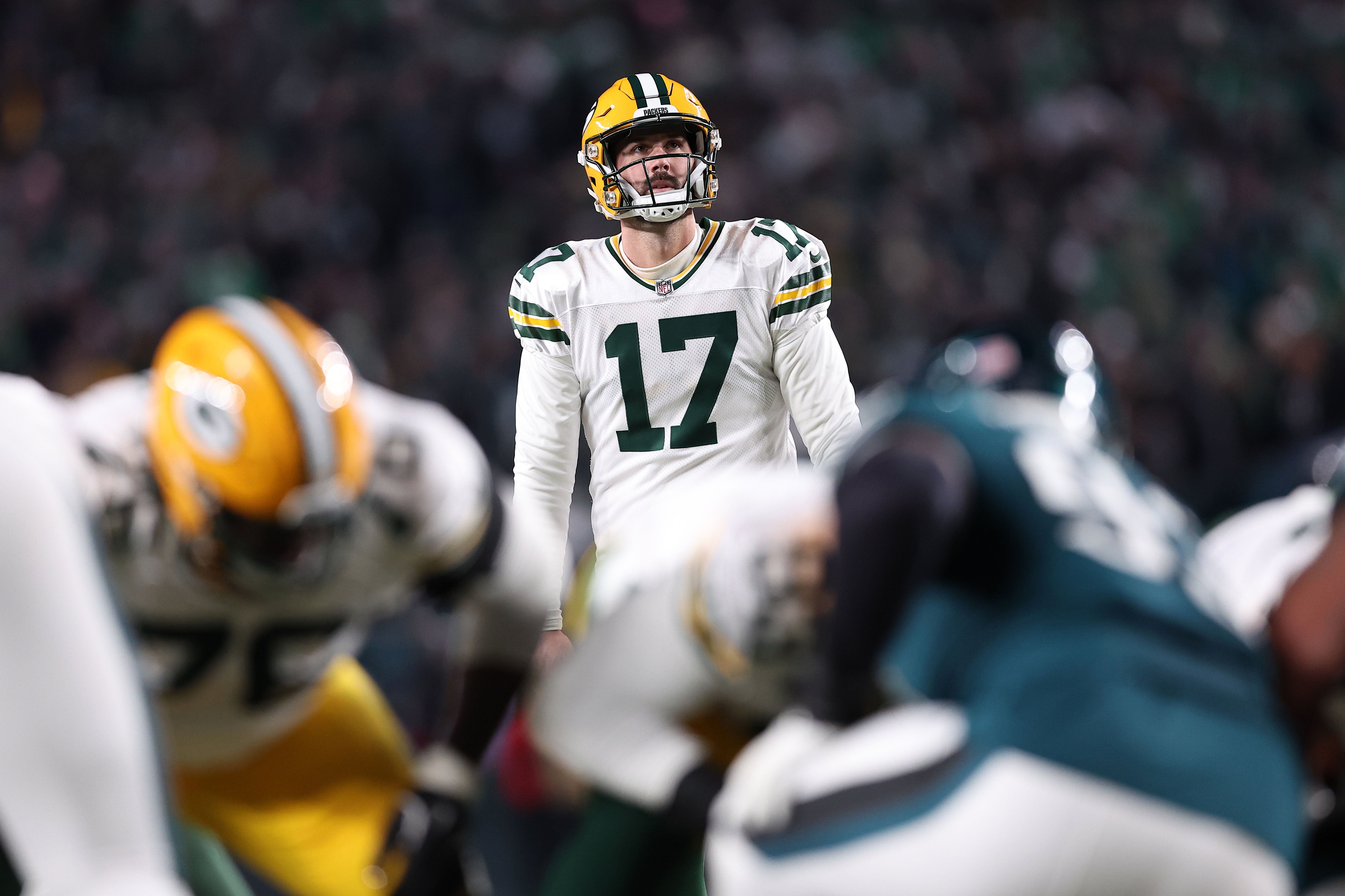 Green Bay Packers place kicker Brandon McManus (17) gets set to kick a field goal against the Philadelphia Eagles during the third quarter in an NFC wild card game at Lincoln Financial Field