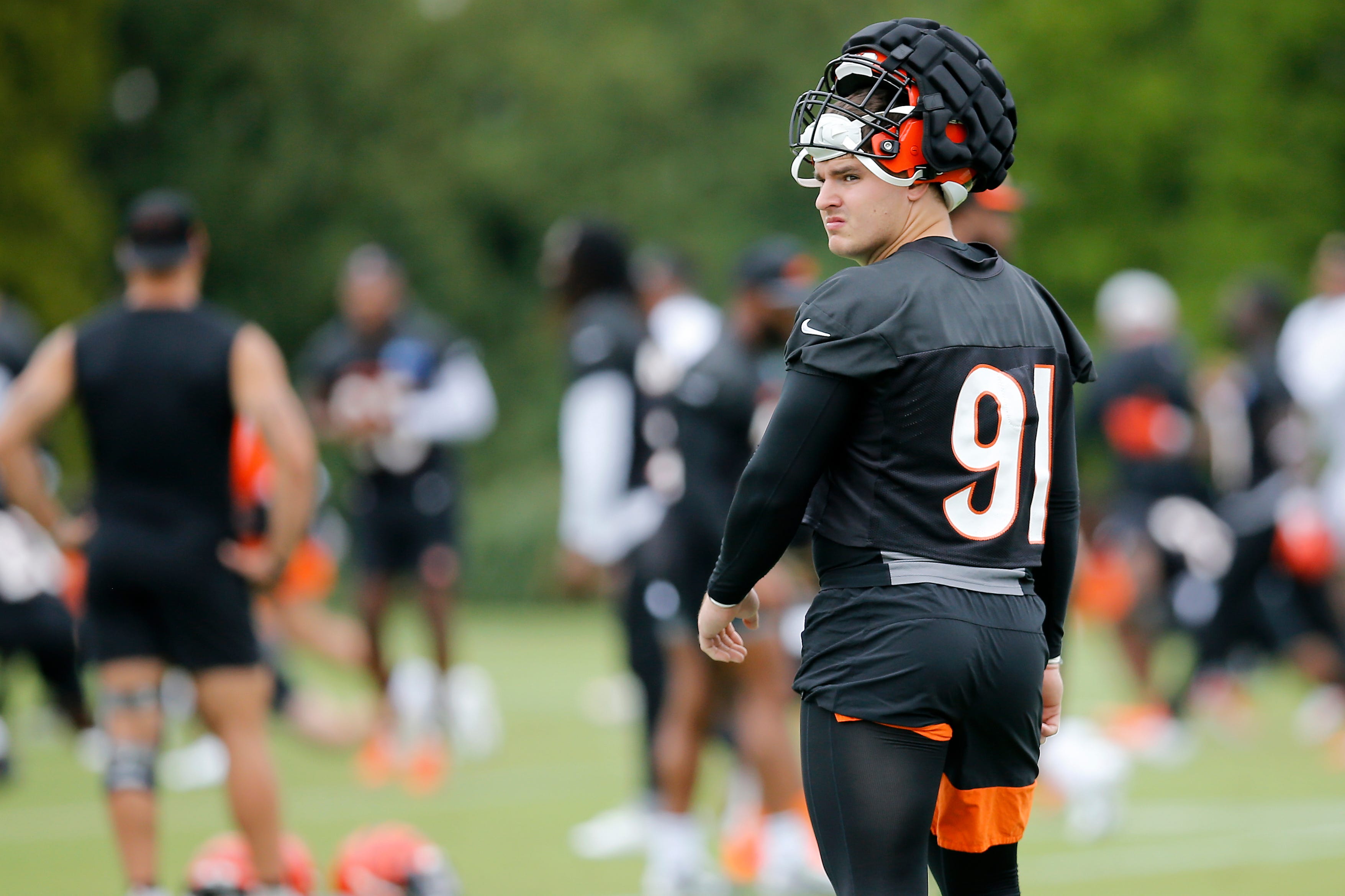 Cincinnati Bengals defensive end Trey Hendrickson (91) warms up during the first day of preseason training camp at the Paul Brown Stadium training facility in downtown Cincinnati on Wednesday, July 27, 2022. Cincinnati Bengals Training Camp