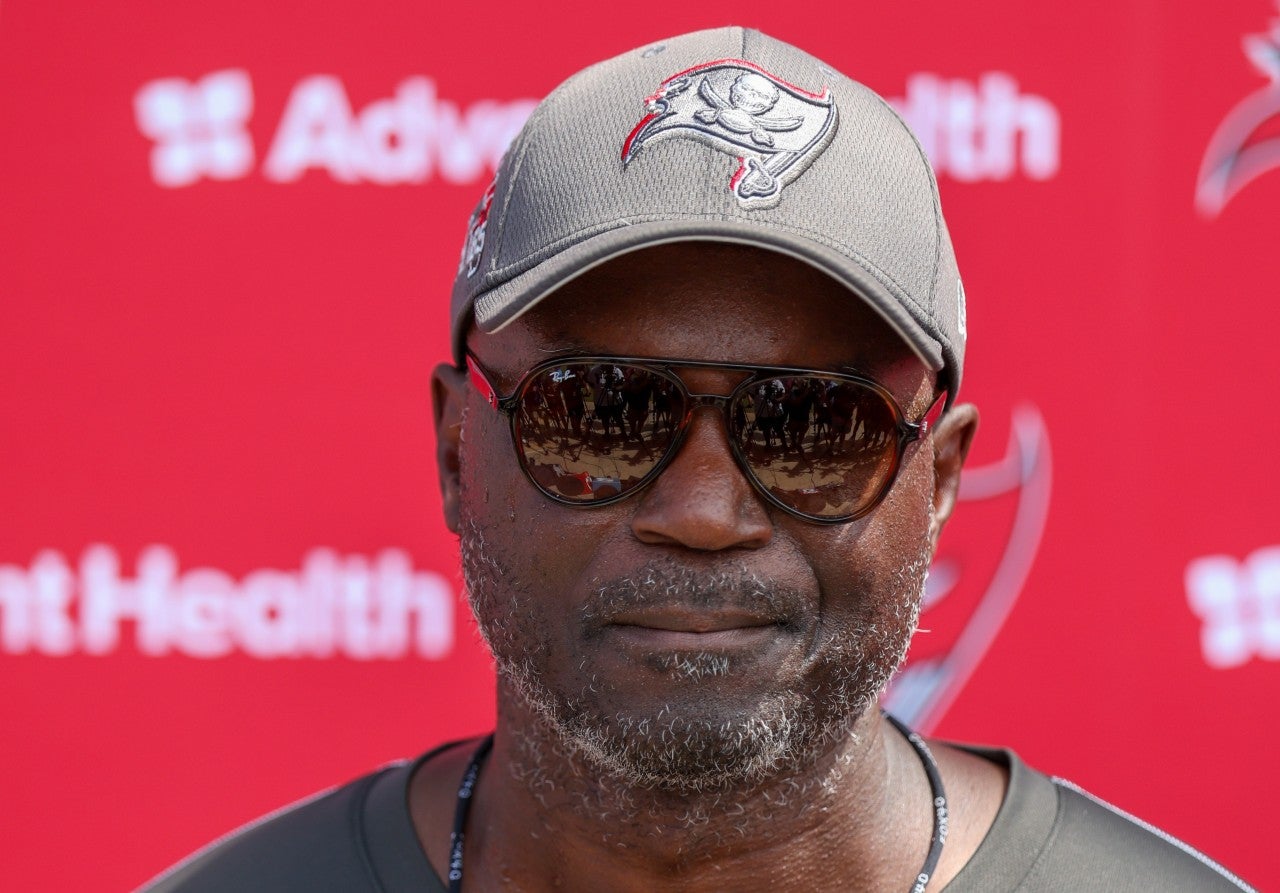 Jun 10, 2025; Tampa Bay, FL, USA; Tampa Bay Buccaneers head coach Todd Bowles gives a press conference after mini camp at AdventHealth Training Center.