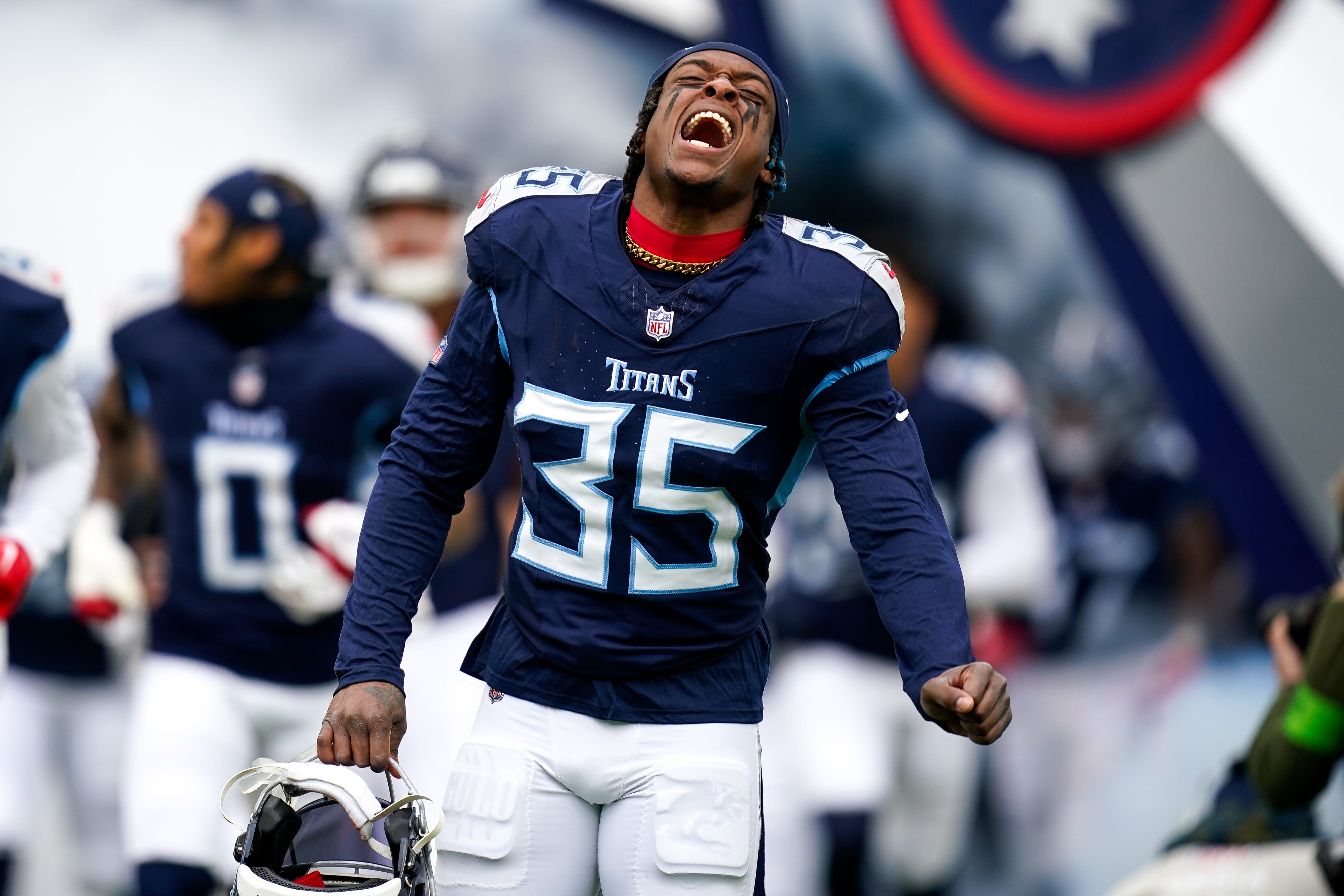 Tennessee Titans safety K'Von Wallace (35) heads to the field before a game against the Jacksonville Jaguars at Nissan Stadium in Nashville, Tenn., Sunday, Jan. 7, 2024.