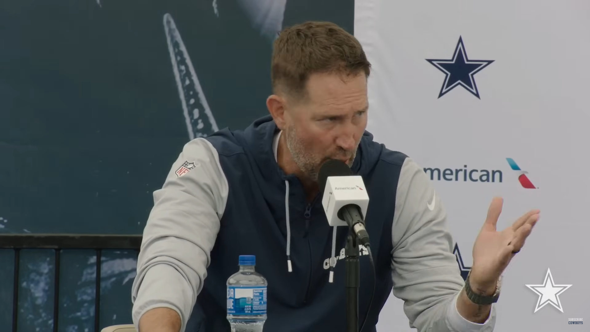 Dallas Cowboys HC Brian Schottenheimer talks to reporters about team's motto in 2025.
