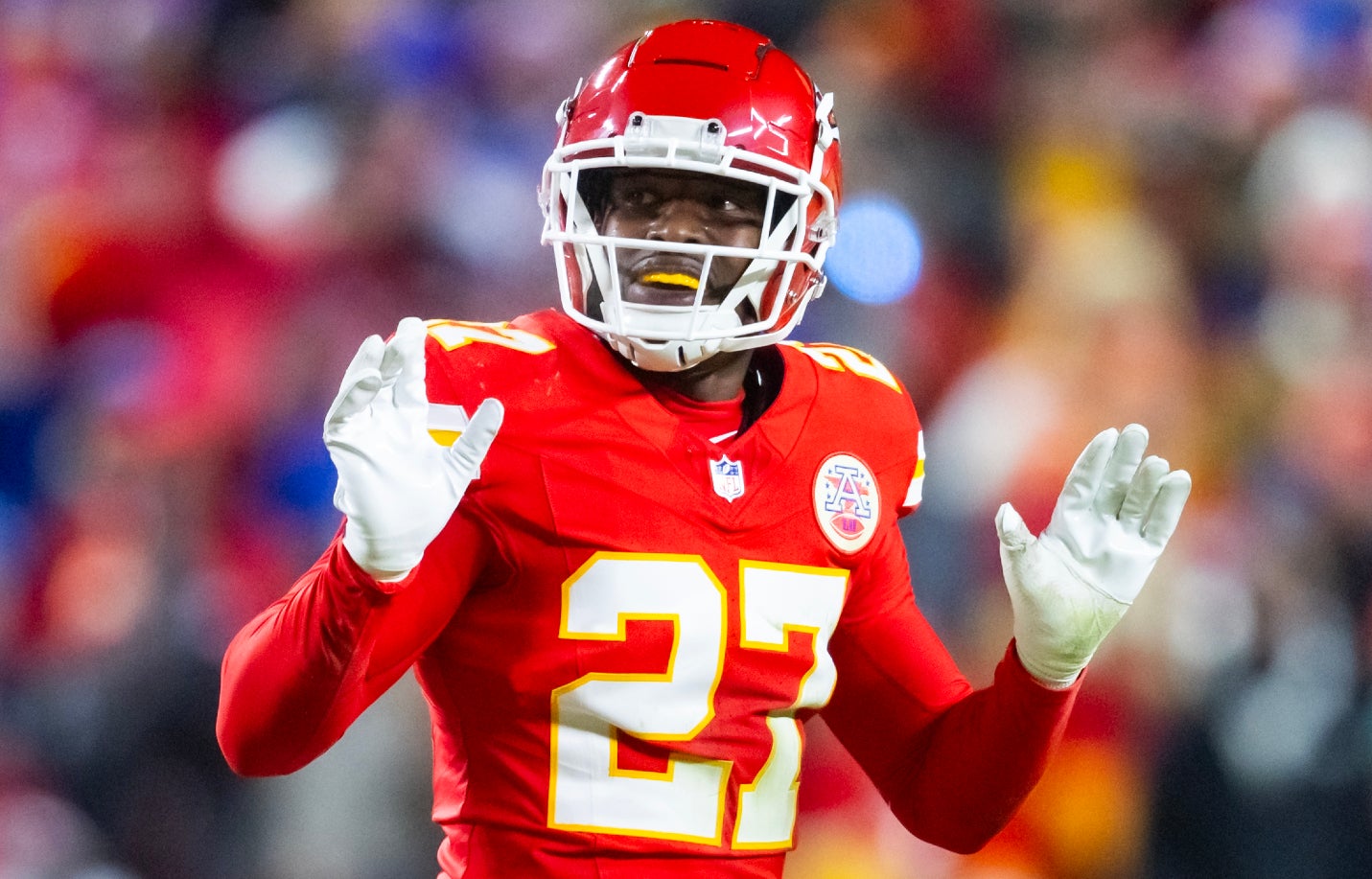 Jan 26, 2025; Kansas City, MO, USA; Kansas City Chiefs safety Chamarri Conner (27) against the Buffalo Bills in the AFC Championship game at GEHA Field at Arrowhead Stadium.