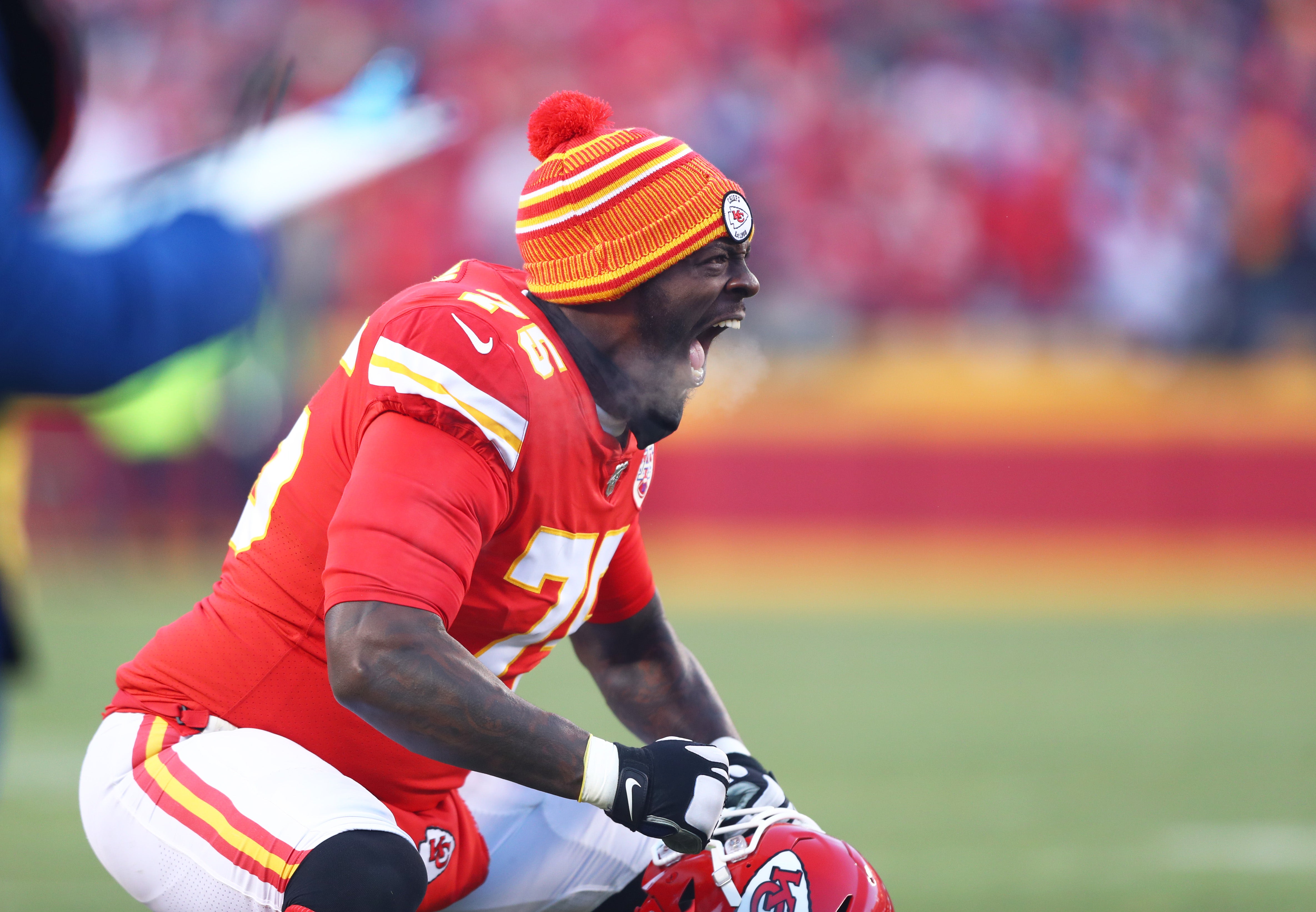 Jan 19, 2020; Kansas City, Missouri, USA; Kansas City Chiefs tackle Cam Erving (75) against the Tennessee Titans in the AFC Championship Game at Arrowhead Stadium.