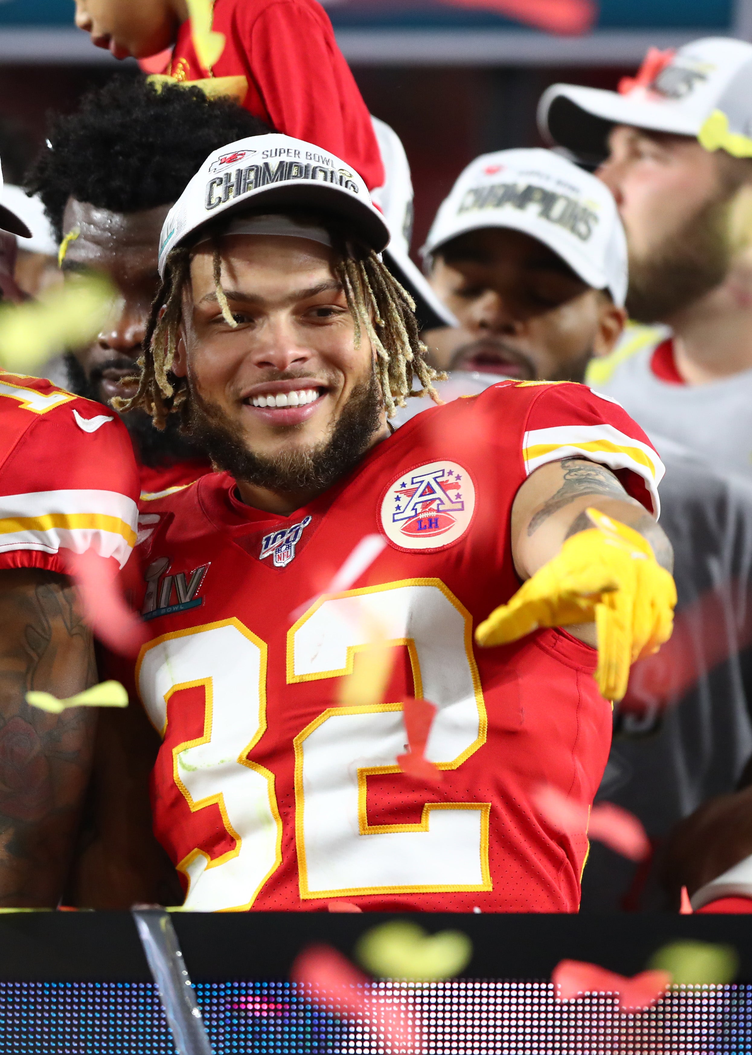 Kansas City Chiefs safety Tyrann Mathieu (32) celebrates after defeating the San Francisco 49ers in Super Bowl LIV