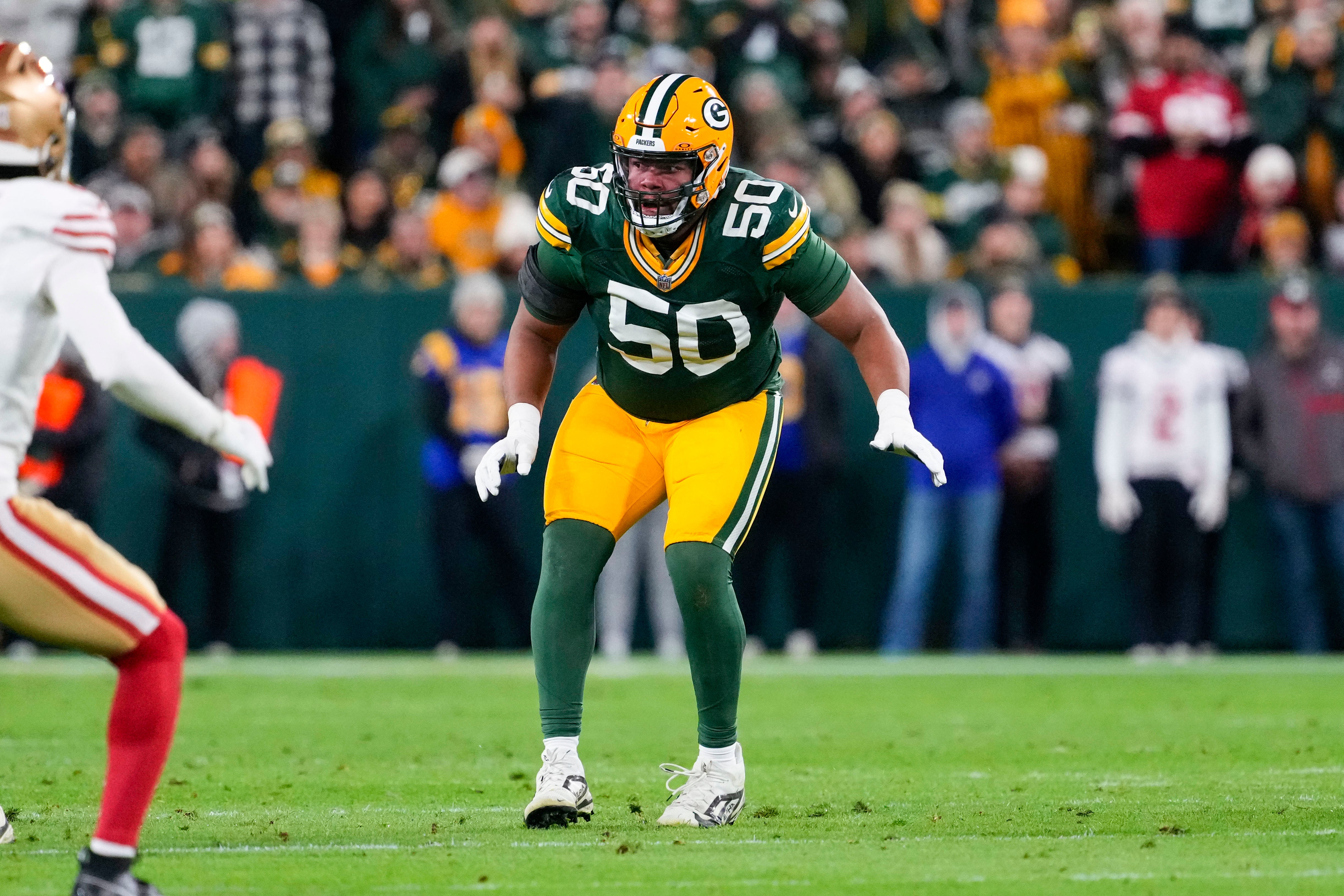 Green Bay Packers offensive linenam Zach Tom (50) during the game against the San Francisco 49ers at Lambeau Field.