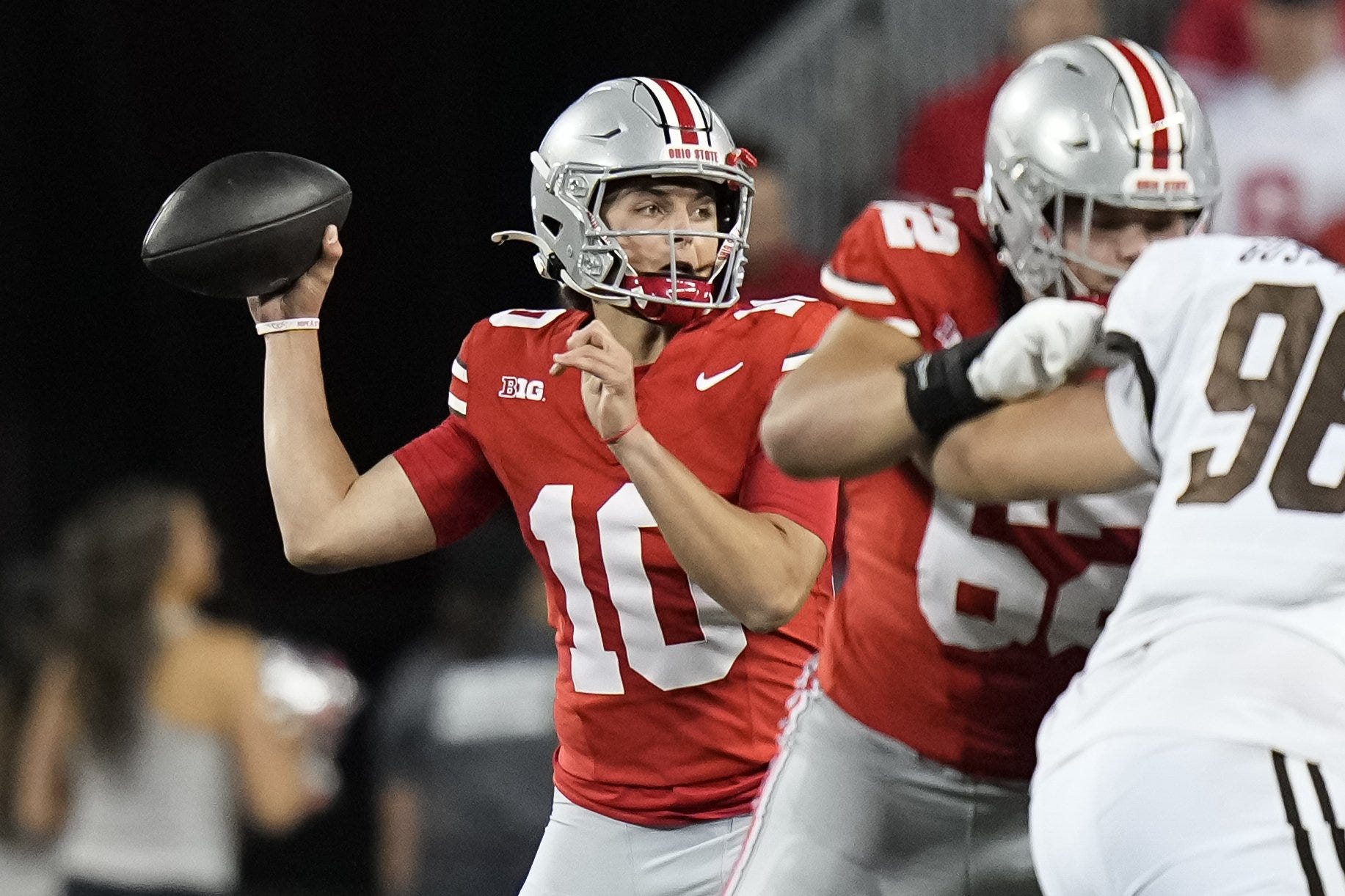 Sep 7, 2024; Columbus, Ohio, USA; Ohio State Buckeyes quarterback Julian Sayin (10) throws a pass during the second half of the NCAA football game against the Western Michigan Broncos at Ohio Stadium.