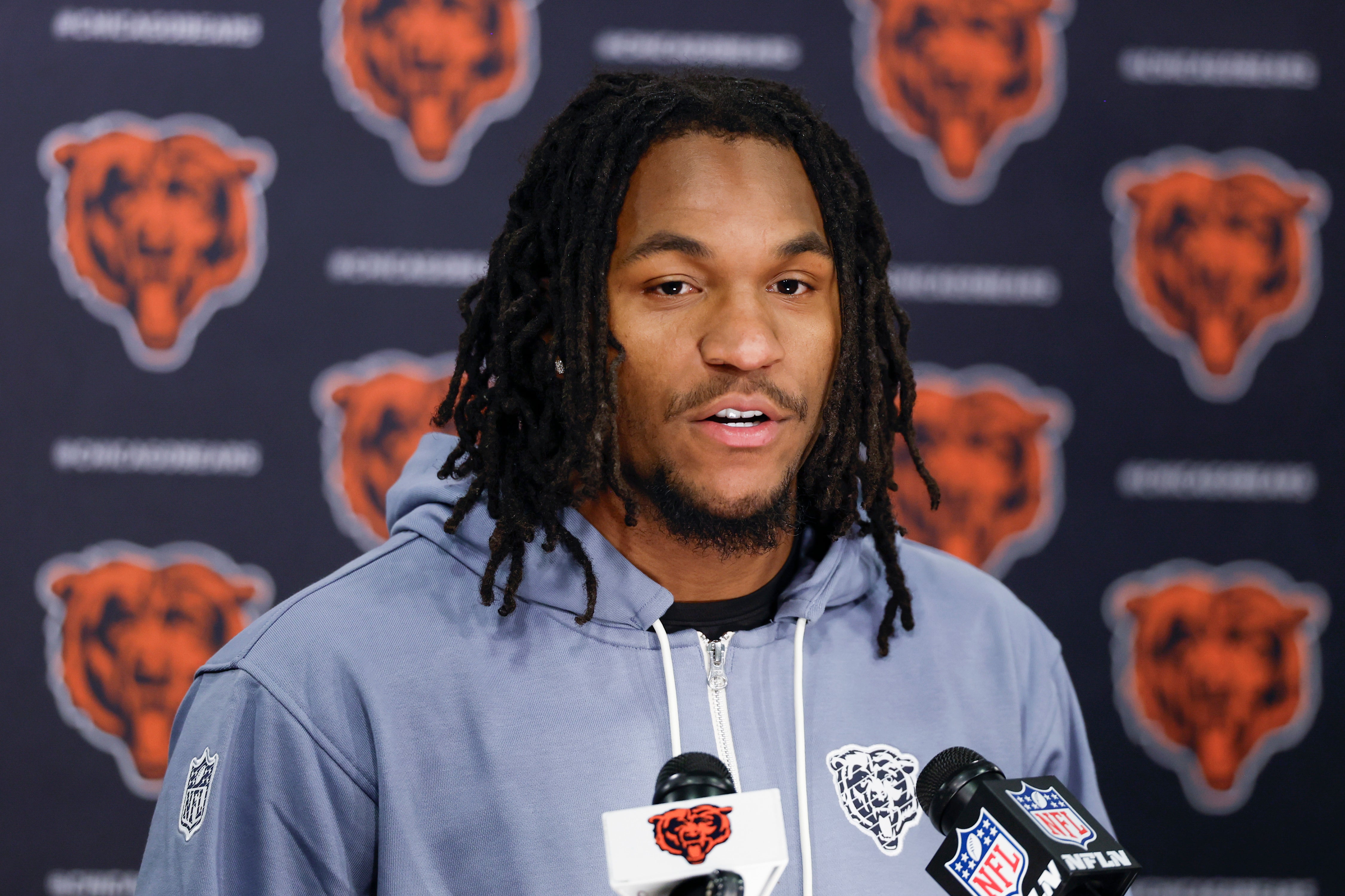 May 9, 2025; Lake Forest, IL, USA; Chicago Bears wide receiver Luther Burden III speaks during the Rookie Minicamp at Halas Hall.