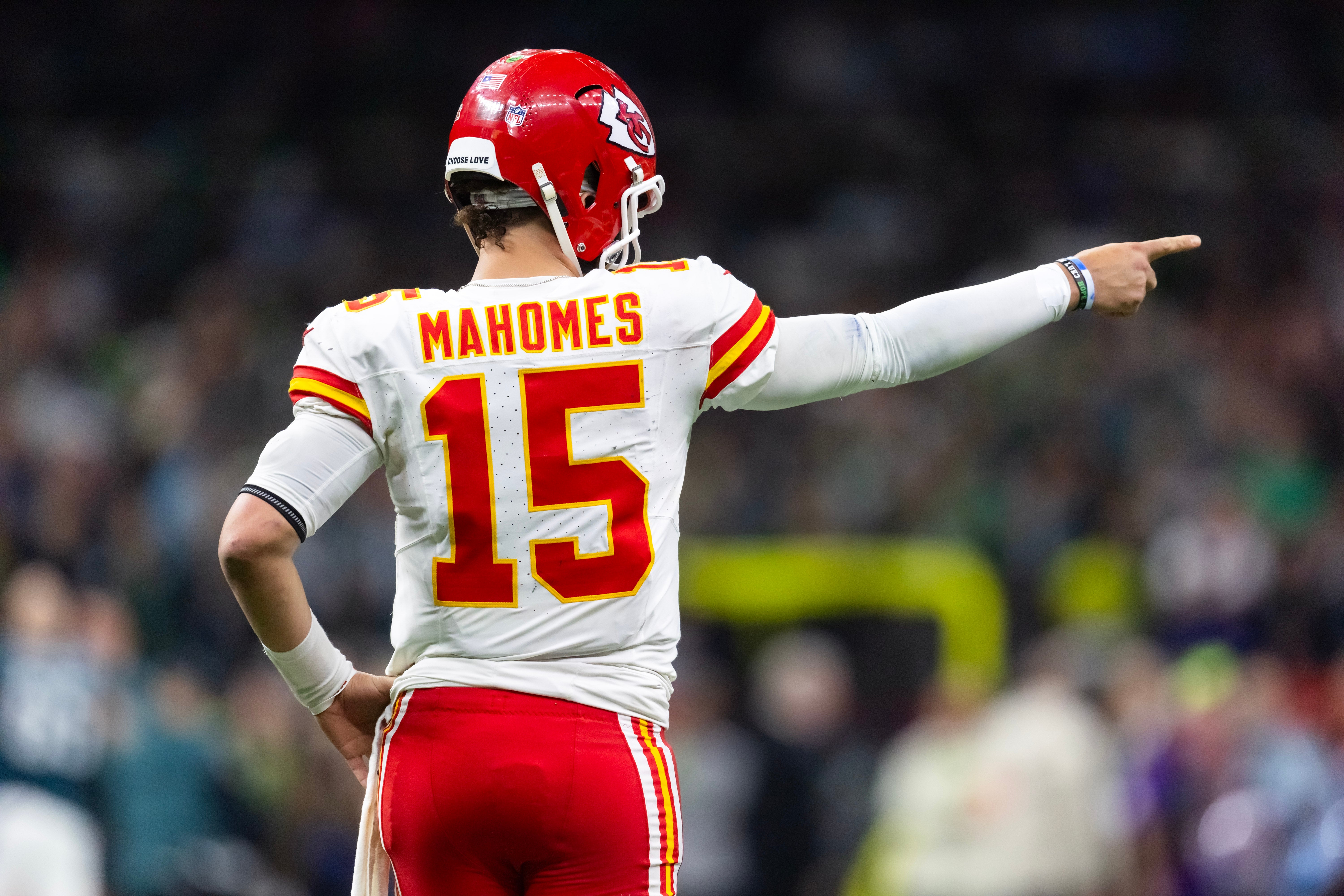 Feb 9, 2025; New Orleans, LA, USA; Detailed view of the jersey of Kansas City Chiefs quarterback Patrick Mahomes (15) against the Philadelphia Eagles in Super Bowl LIX at Ceasars Superdome.
