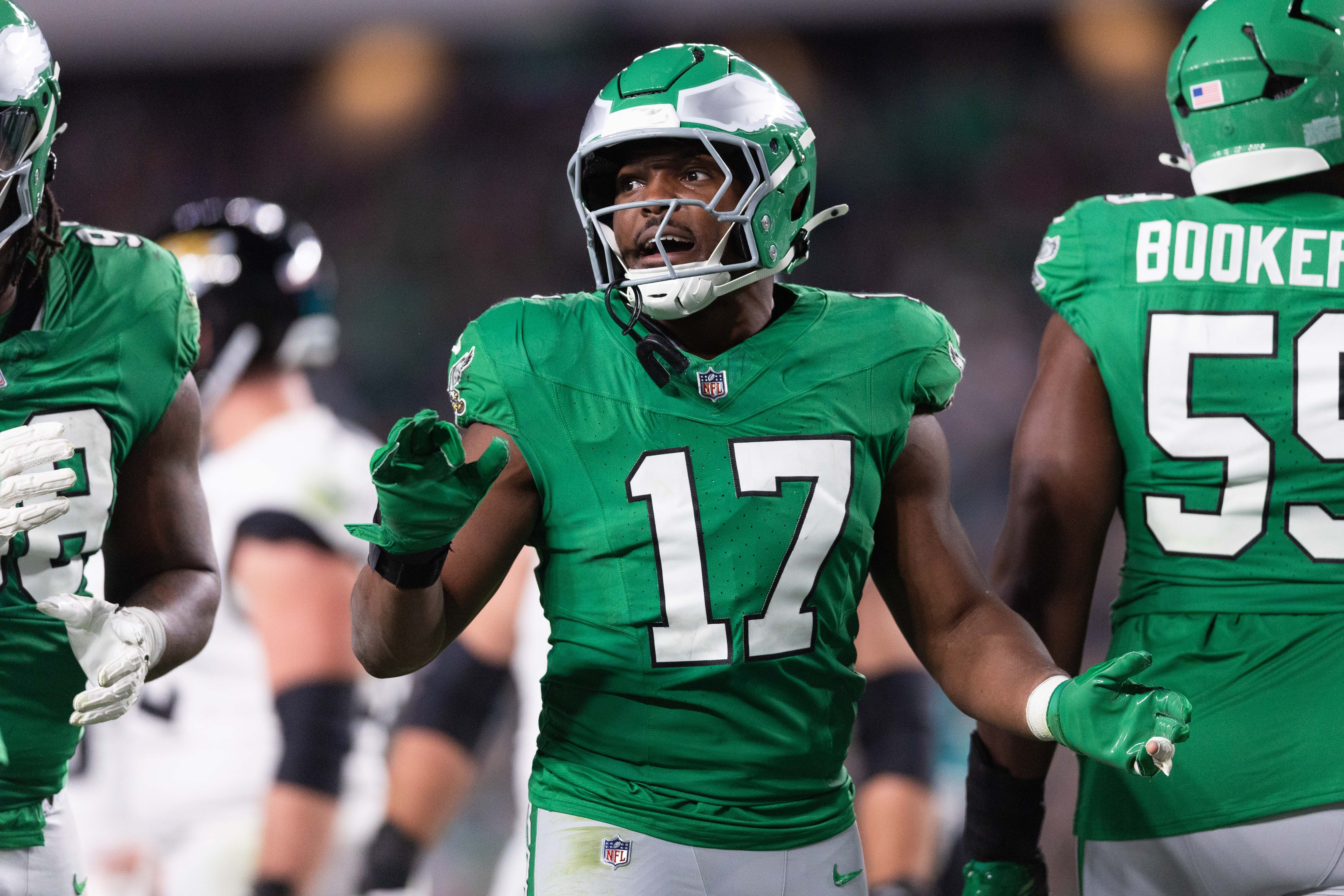 Philadelphia Eagles linebacker Nakobe Dean (17) in a game against the Jacksonville Jaguars during the third quarter at Lincoln Financial Field.