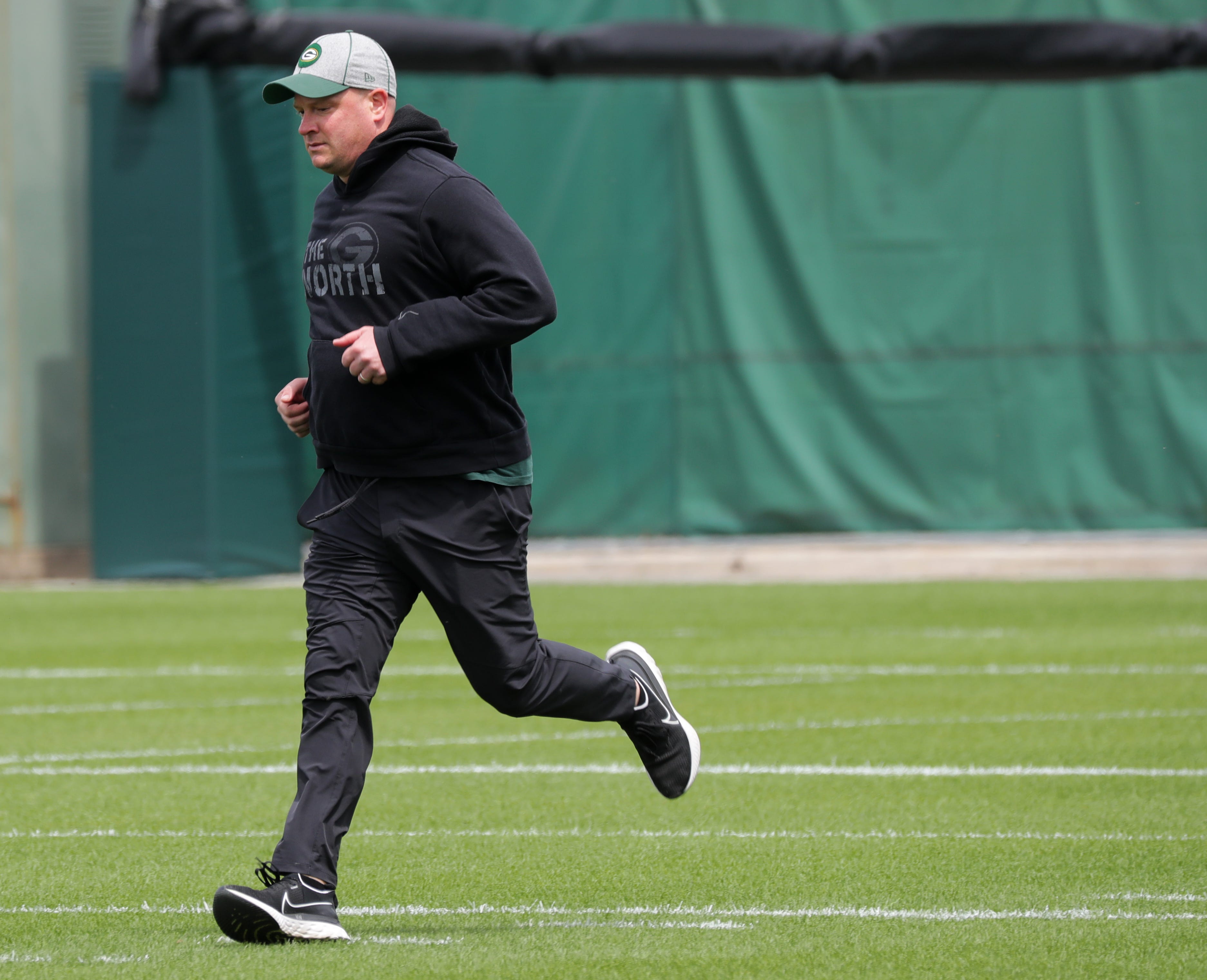 Offensive coordinator Nathaniel Hackett is shown during the second day of Green Bay Packers rookie minicamp Saturday, May 15, 2021 in Green Bay, Wis.