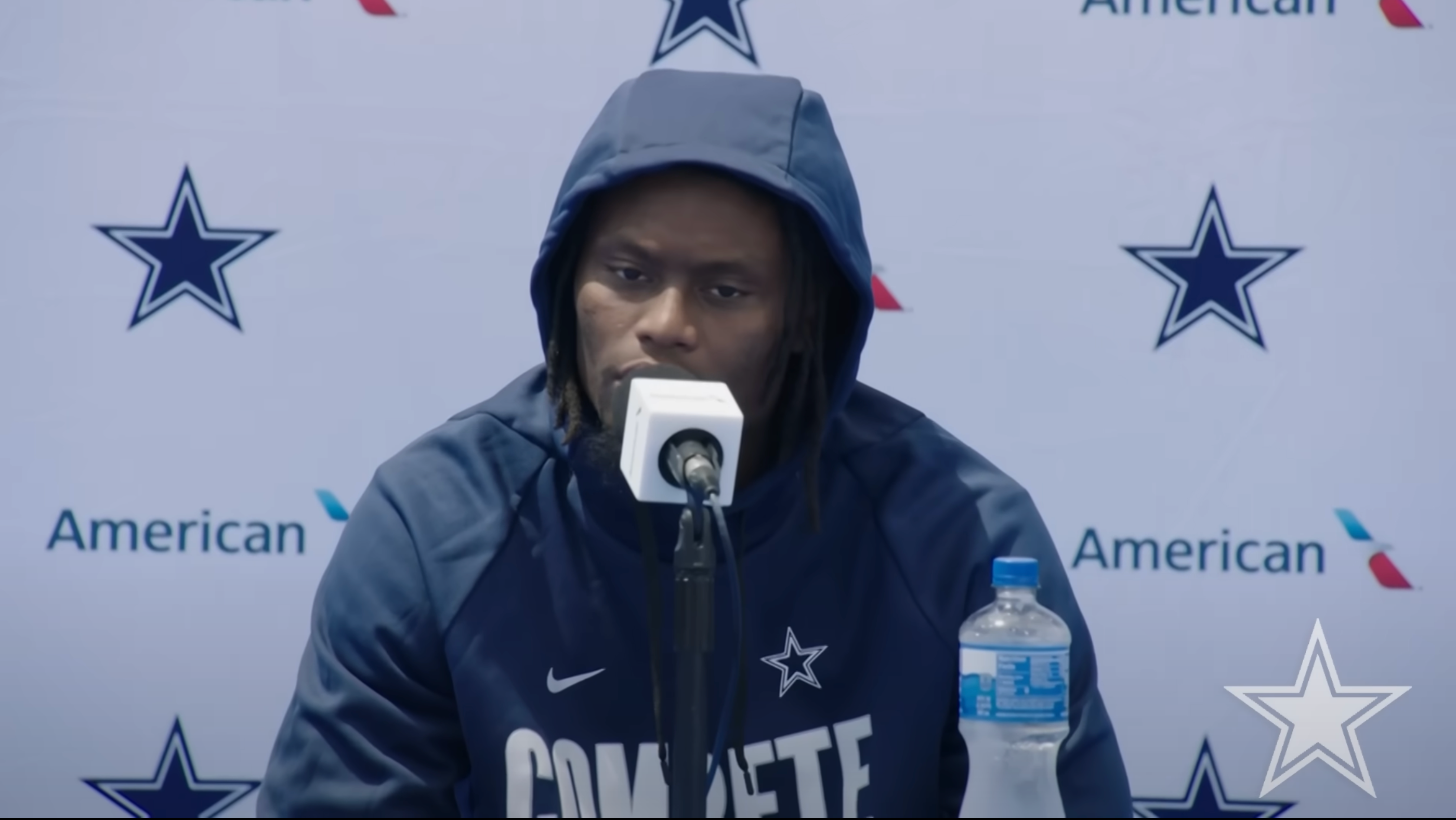 WR George Pickens addresses the media at Dallas Cowboys 2025 training camp in Oxnard, California, 7/22/25.