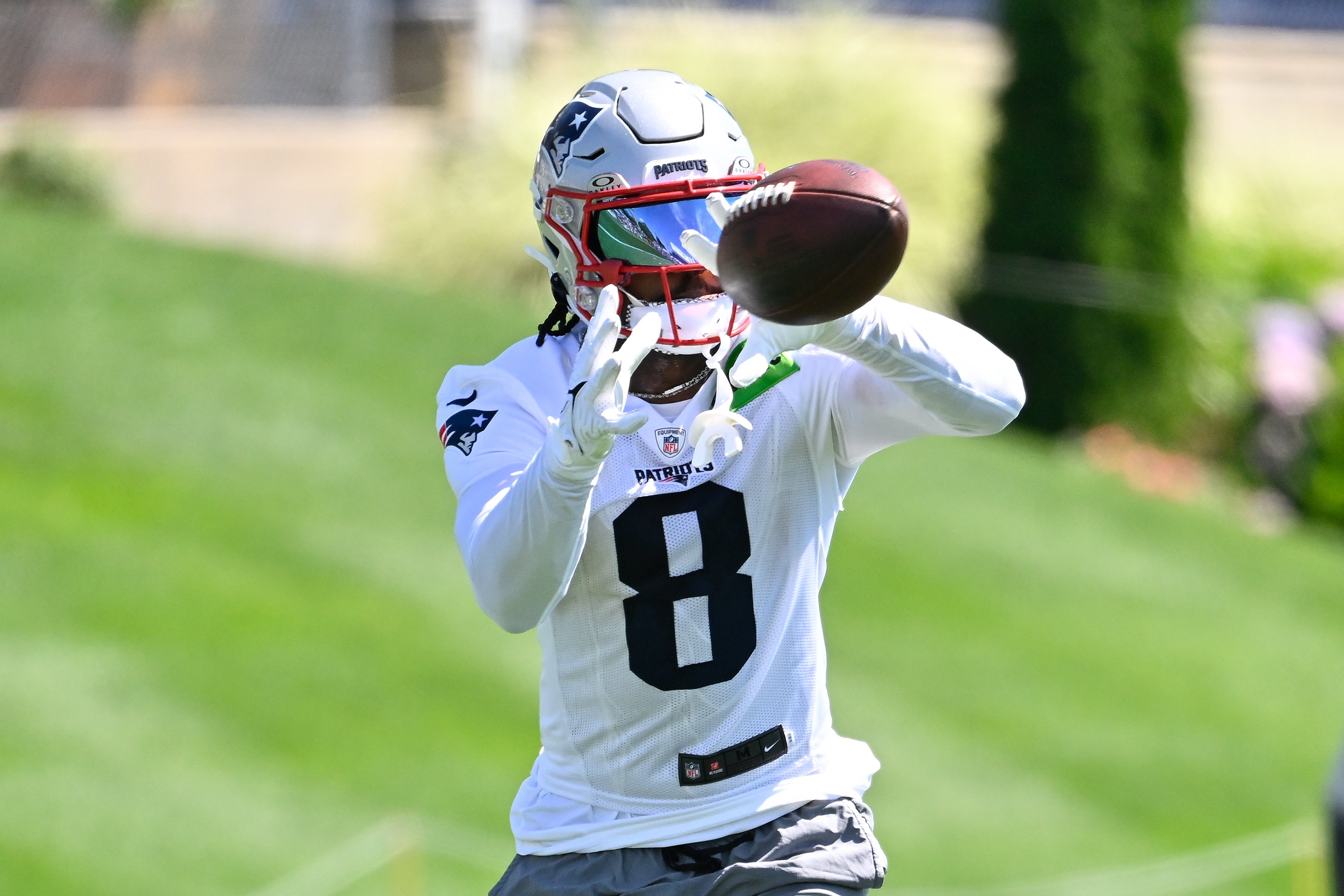 Jul 23, 2025; Foxborough, MA, USA; New England Patriots wide receiver Stefon Diggs (8) makes a catch during training camp at Gillette Stadium.