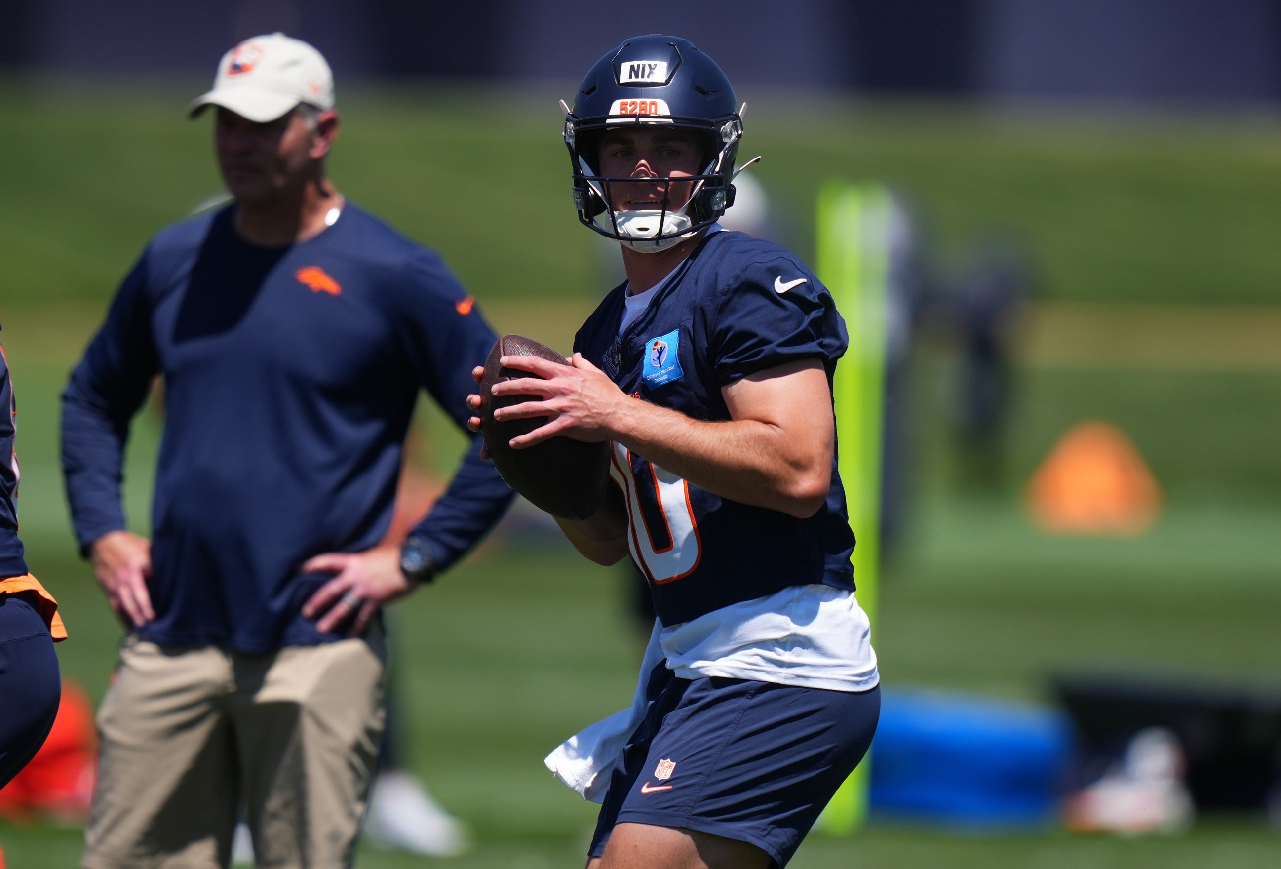 Denver Broncos quarterback Bo Nix (10) during minicamp at Broncos Park Powered by CommonSpirit.