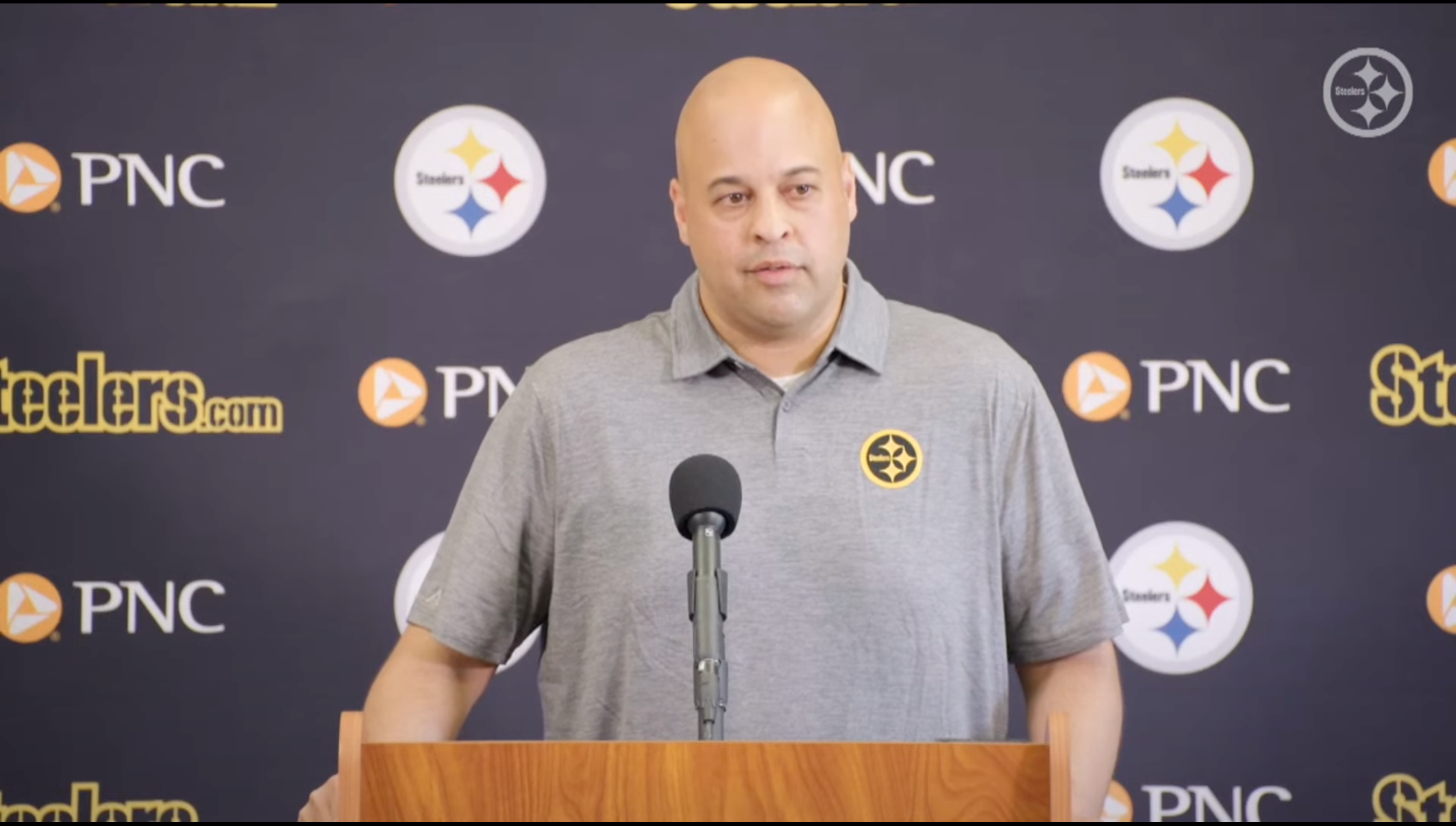 Pittsburgh Steelers GM Omar Khan addresses the media on first day of 2025 training camp, Latrobe, Pennsylvania, 7/23/25.