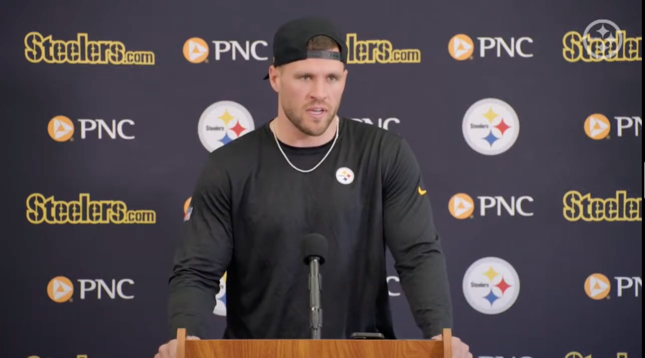 Pittsburgh Steelers pass rusher addresses the media on day one of 2025 training camp, Latrobe, Pennsylvania, 7/23/25.