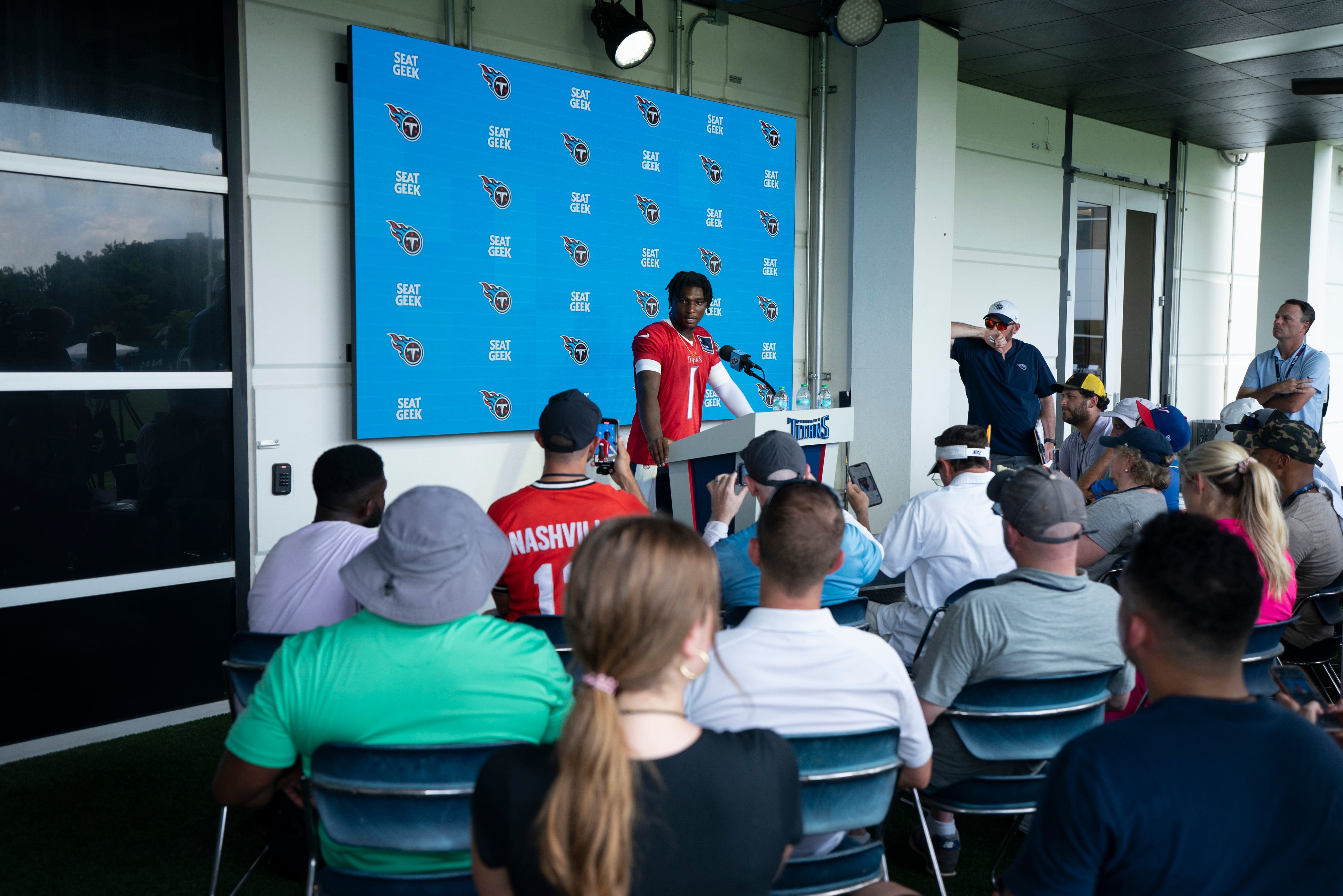 Tennessee Titans quarterback Cam Ward (1) fields questions from the media after the Tennessee Titans first day of training camp at Ascension Saint Thomas Sports Park in Nashville, Tenn., Wednesday, July 23, 2025.