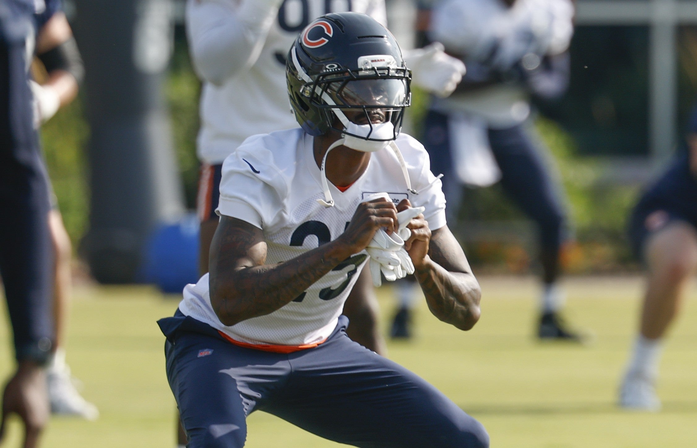 Jul 23, 2025; Lake Forest, IL, USA; Chicago Bears cornerback Nahshon Wright (25) stretches during training camp at Halas Hall.