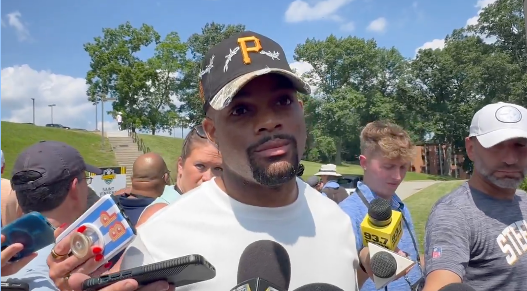 Pittsburgh Steelers safety Juan Thornhill addresses the media on day one of training camp 2025, Latrobe, Pennsylvania, 7/23/25.