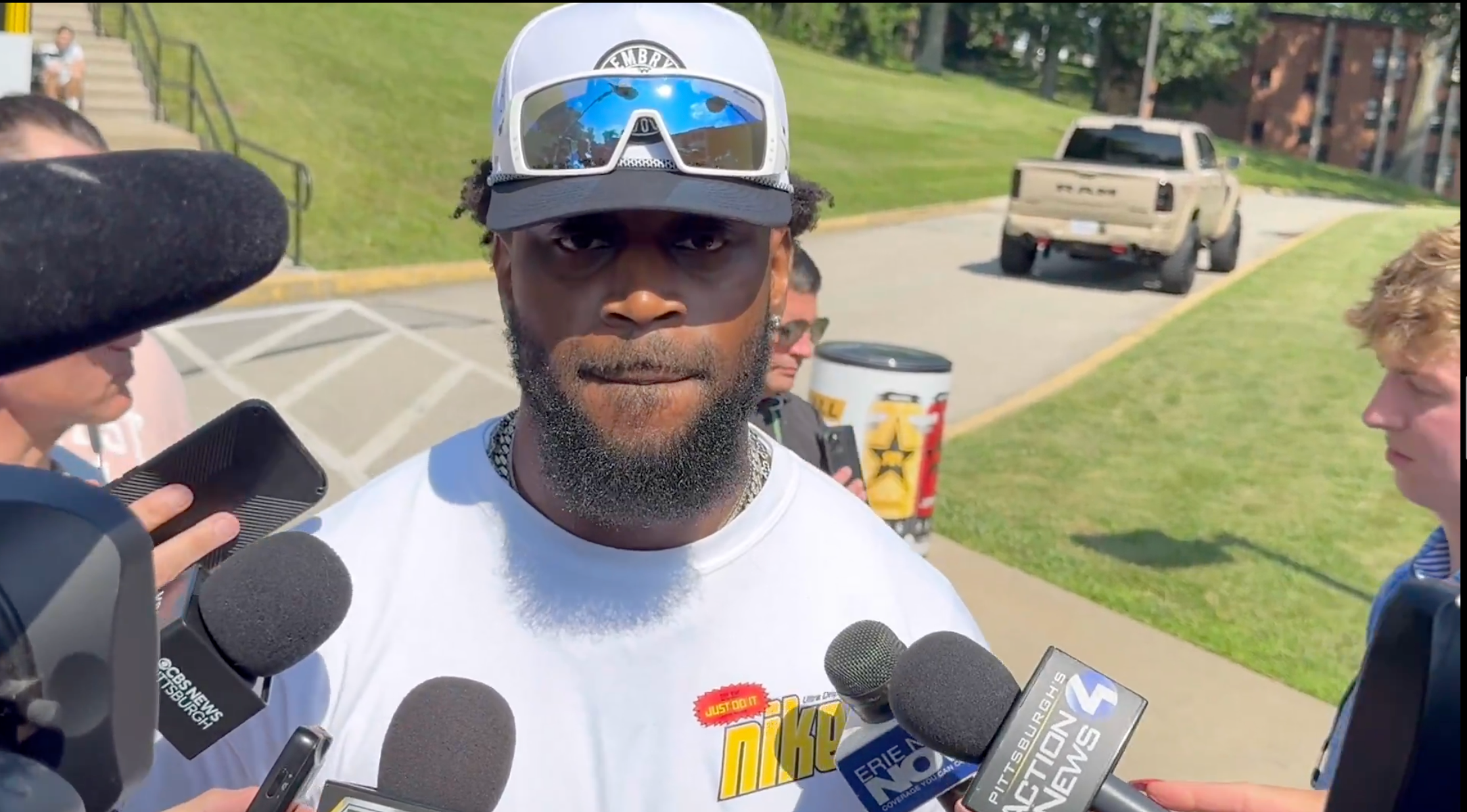Pittsburgh Steelers LB Patrick Queen addresses the media at 2025 on day one of training camp in Latrobe, Pennsylvania, 7/23/25.