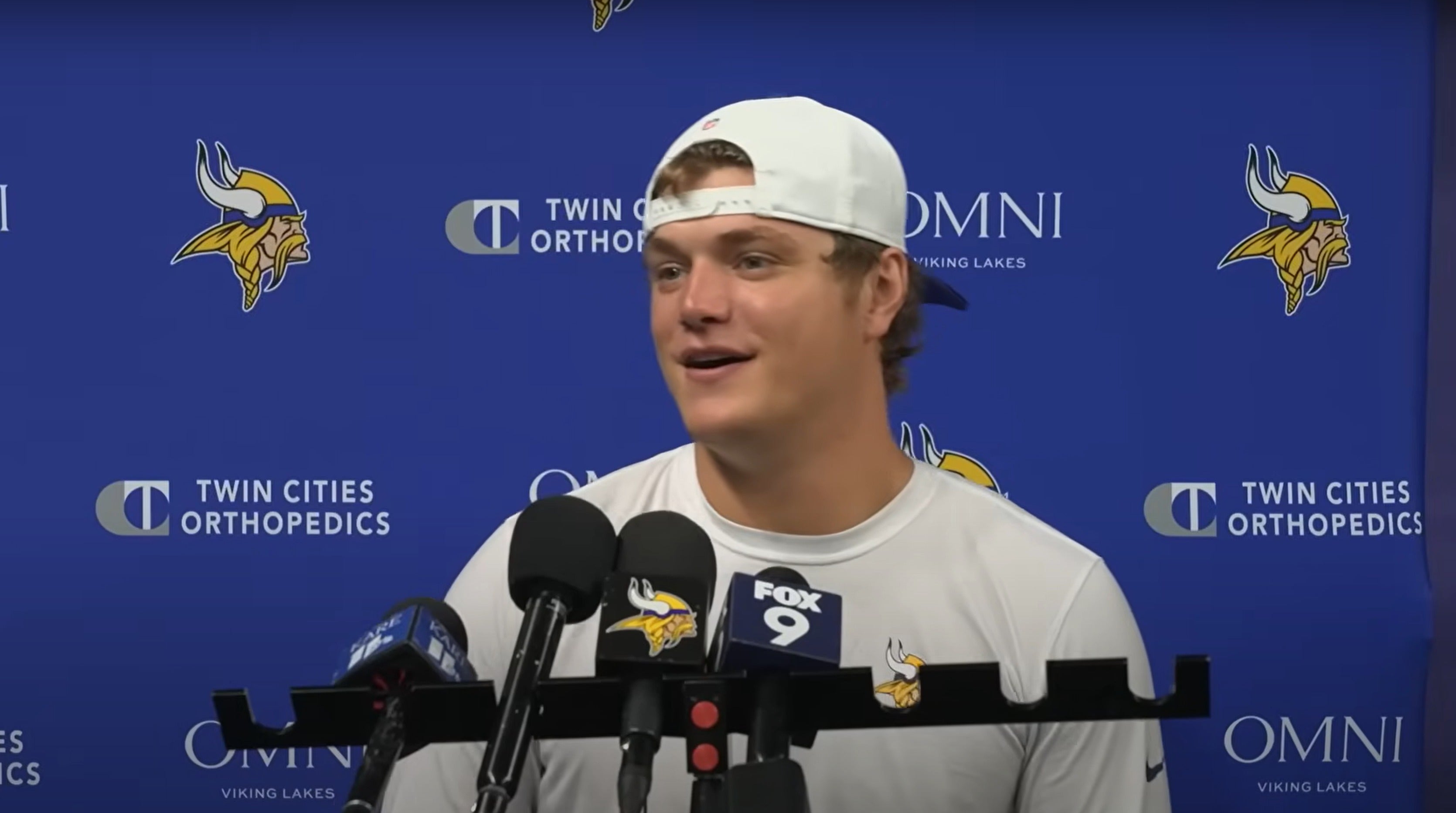 J.J. McCarthy speaking to the media ahead of first training camp practice