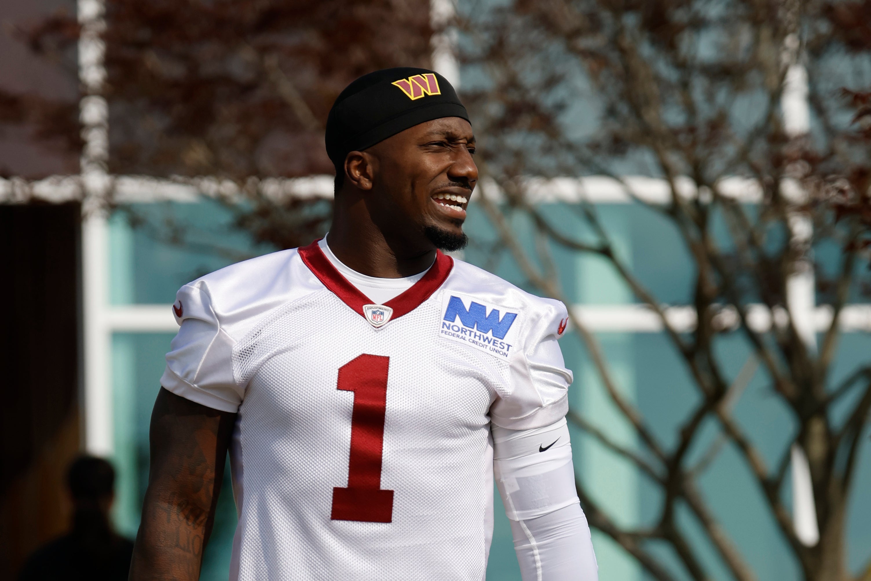 Jul 23, 2025; Ashburn, VA, USA; Washington Commanders wide receiver Deebo Samuel Sr. (1) walks out of team headquarters onto the fields prior to practice on day one of training camp at OrthoVirginia Training Center at Commanders Park.
