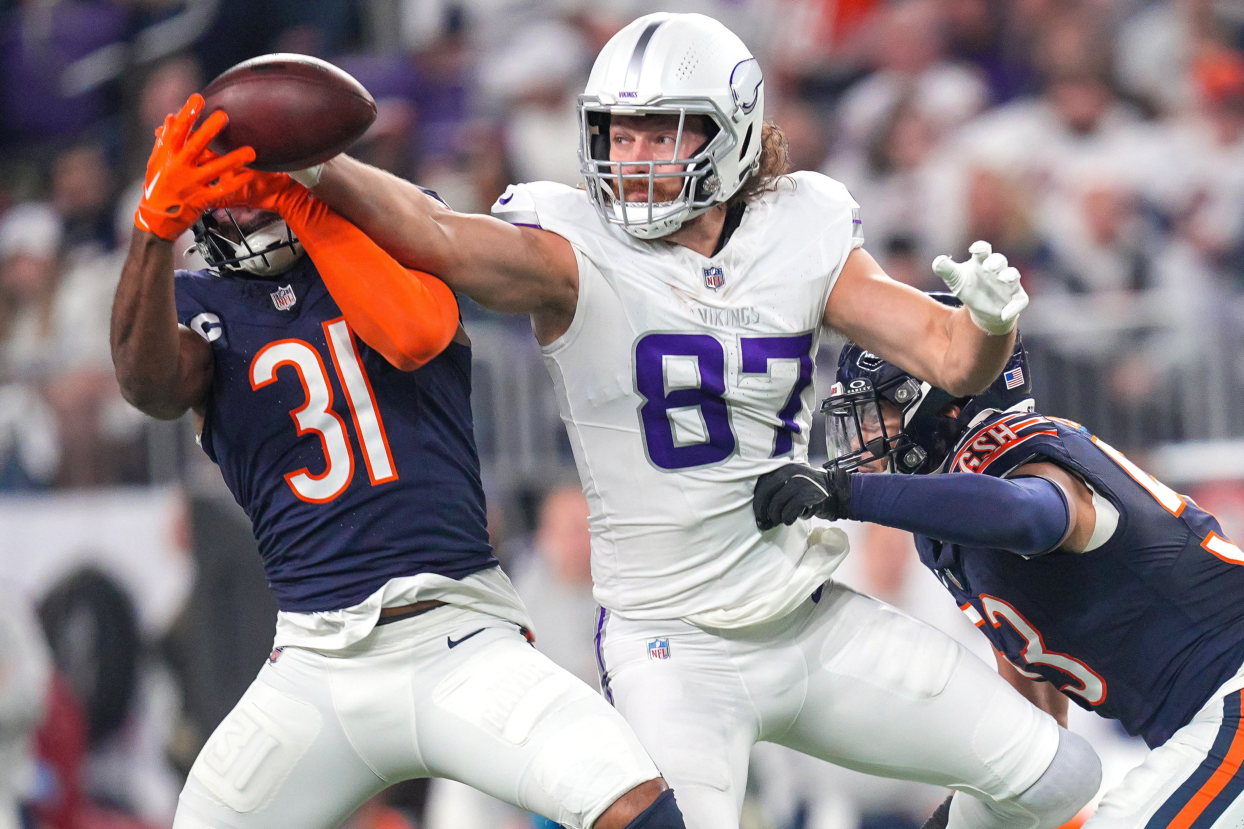 Dec 16, 2024; Minneapolis, Minnesota, USA; Chicago Bears safety Kevin Byard III (31) defends a pass to Minnesota Vikings tight end T.J. Hockenson (87) in the third quarter at U.S. Bank Stadium.