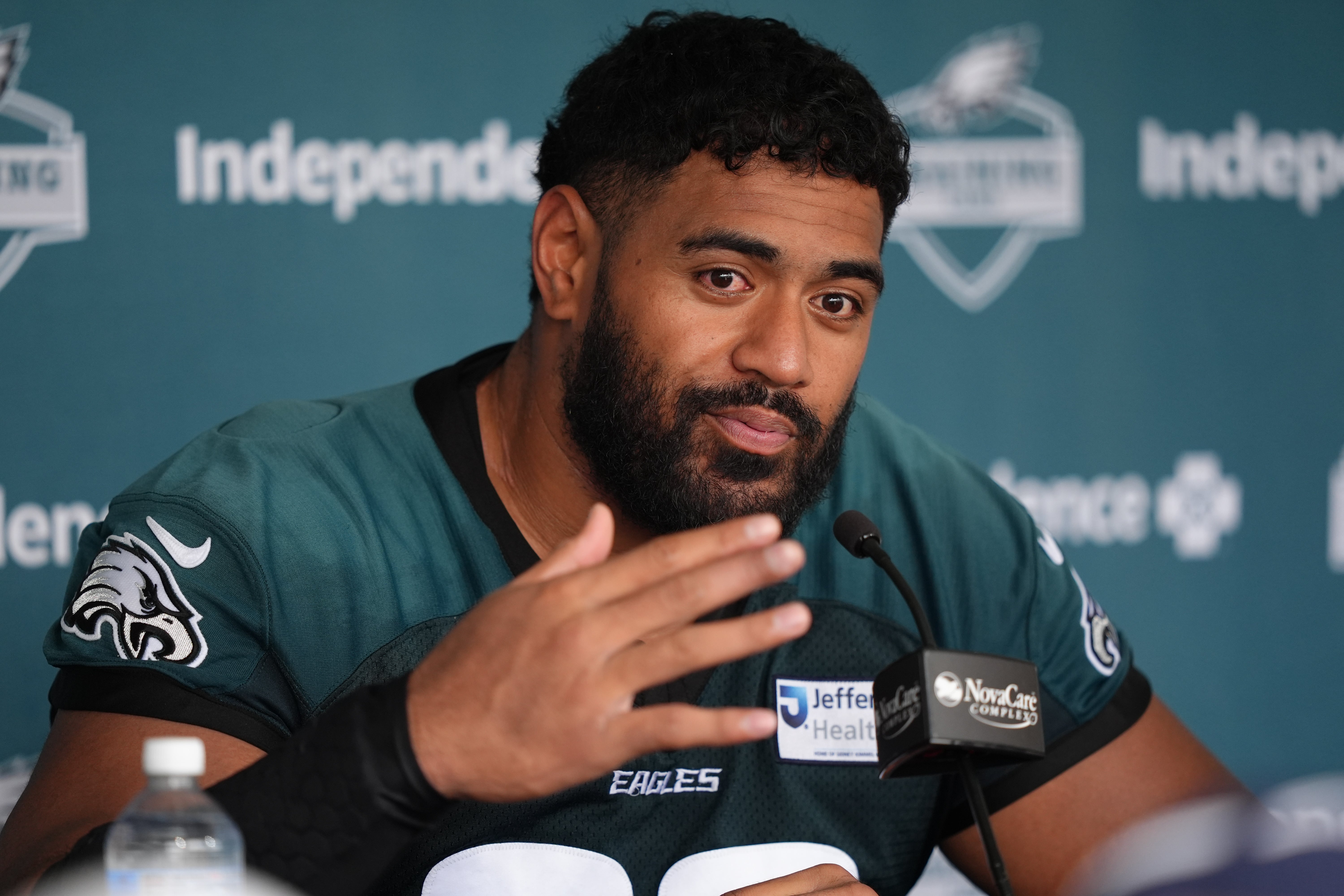 Philadelphia Eagles offensive lineman Jordan Mailata (68) addresses media during training camp at NovaCare Complex.