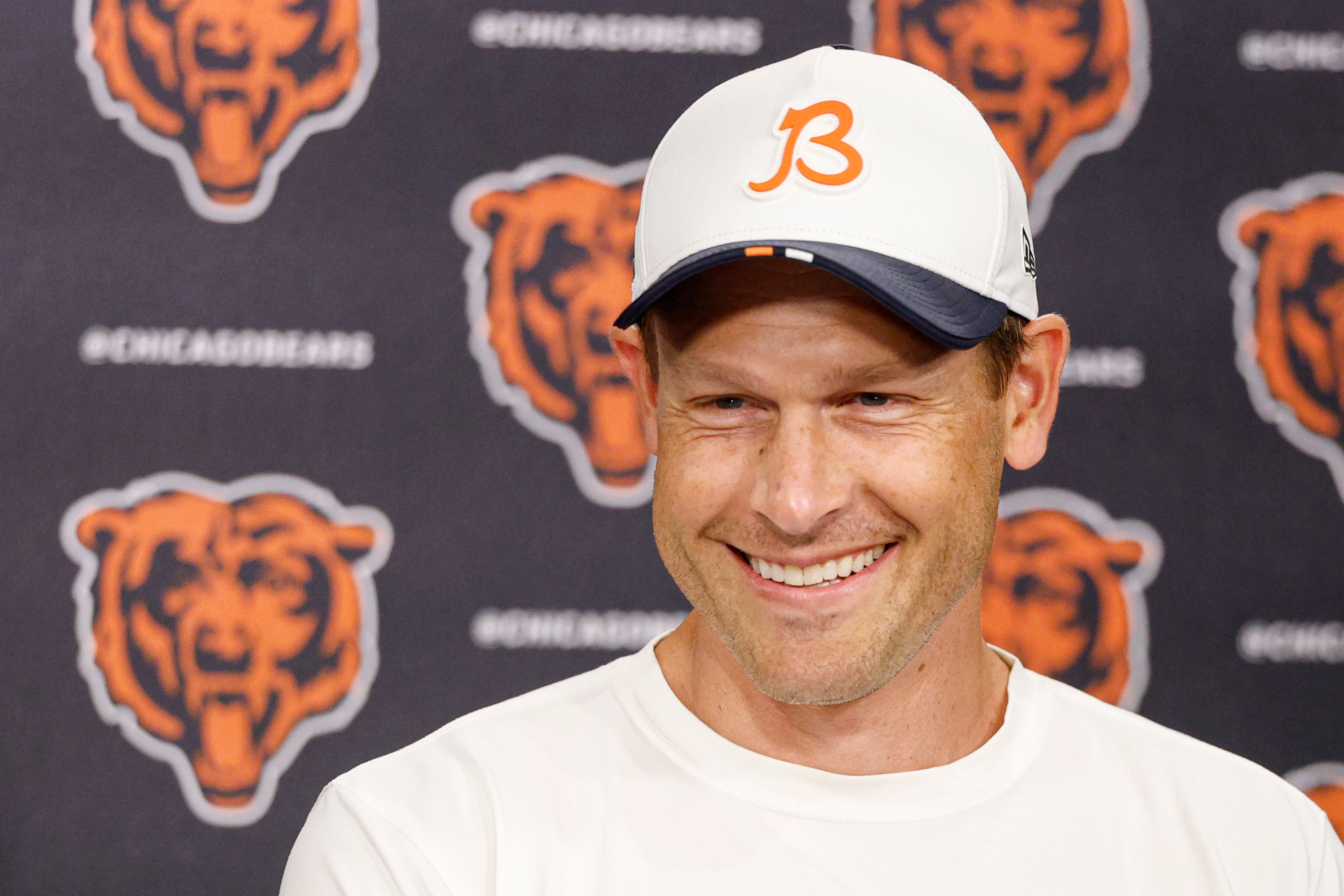 Jul 24, 2025; Lake Forest, IL, USA; Chicago Bears head coach Ben Johnson speaks during training camp at Halas Hall.