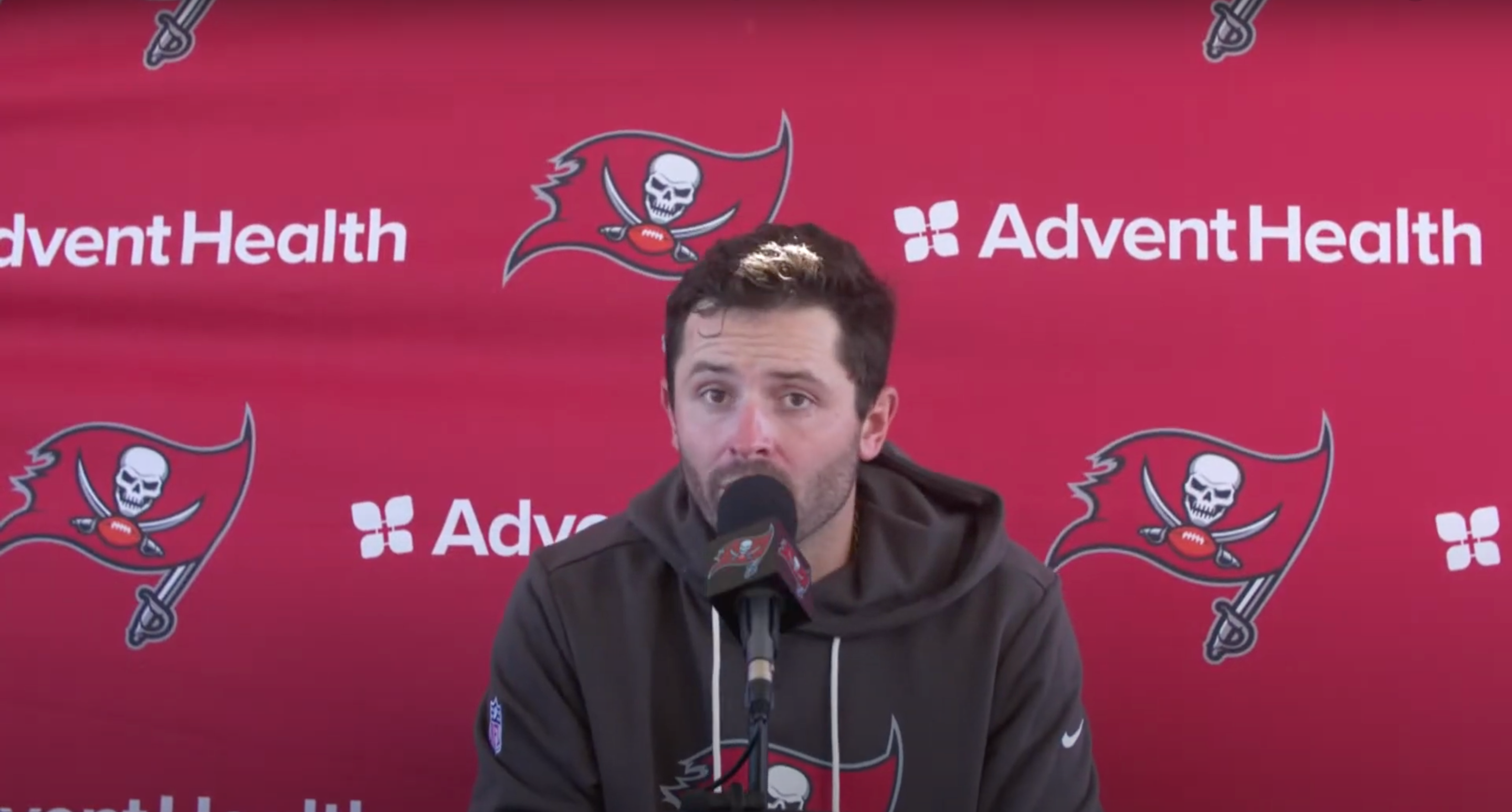 Baker Mayfield speaks with Bucs reporters on the second day of training camp.