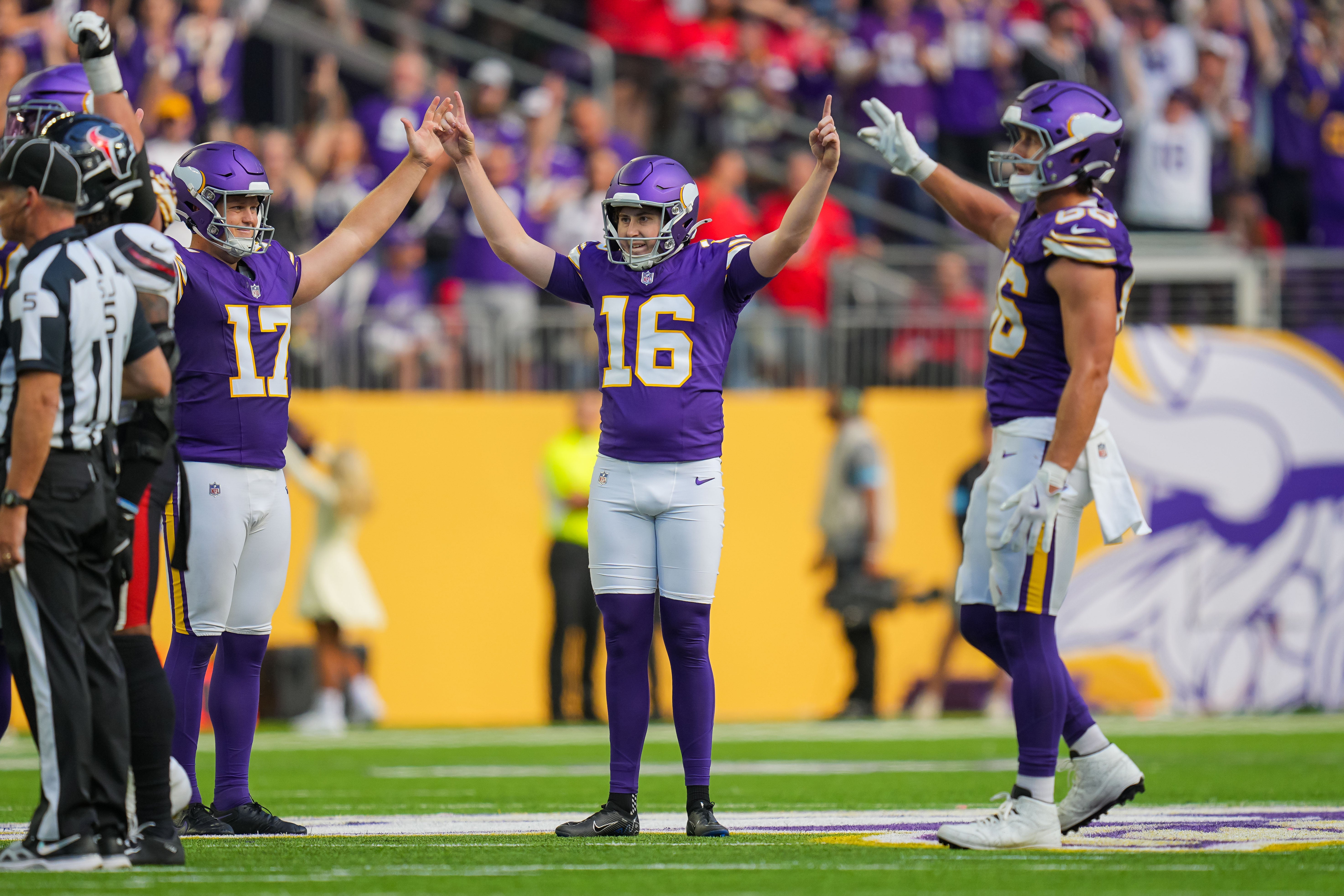 Sep 22, 2024; Minneapolis, Minnesota, USA; Minnesota Vikings place kicker Will Reichard (16) celebrates his field goal against the Houston Texans in the fourth quarter at U.S. Bank Stadium.