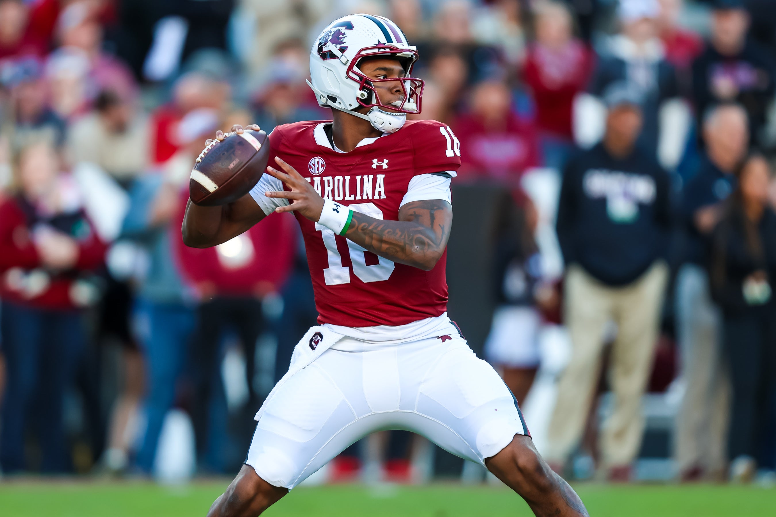 Nov 23, 2024; Columbia, South Carolina, USA; South Carolina Gamecocks quarterback LaNorris Sellers (16) throws a pass against the Wofford Terriers in the first quarter at Williams-Brice Stadium.