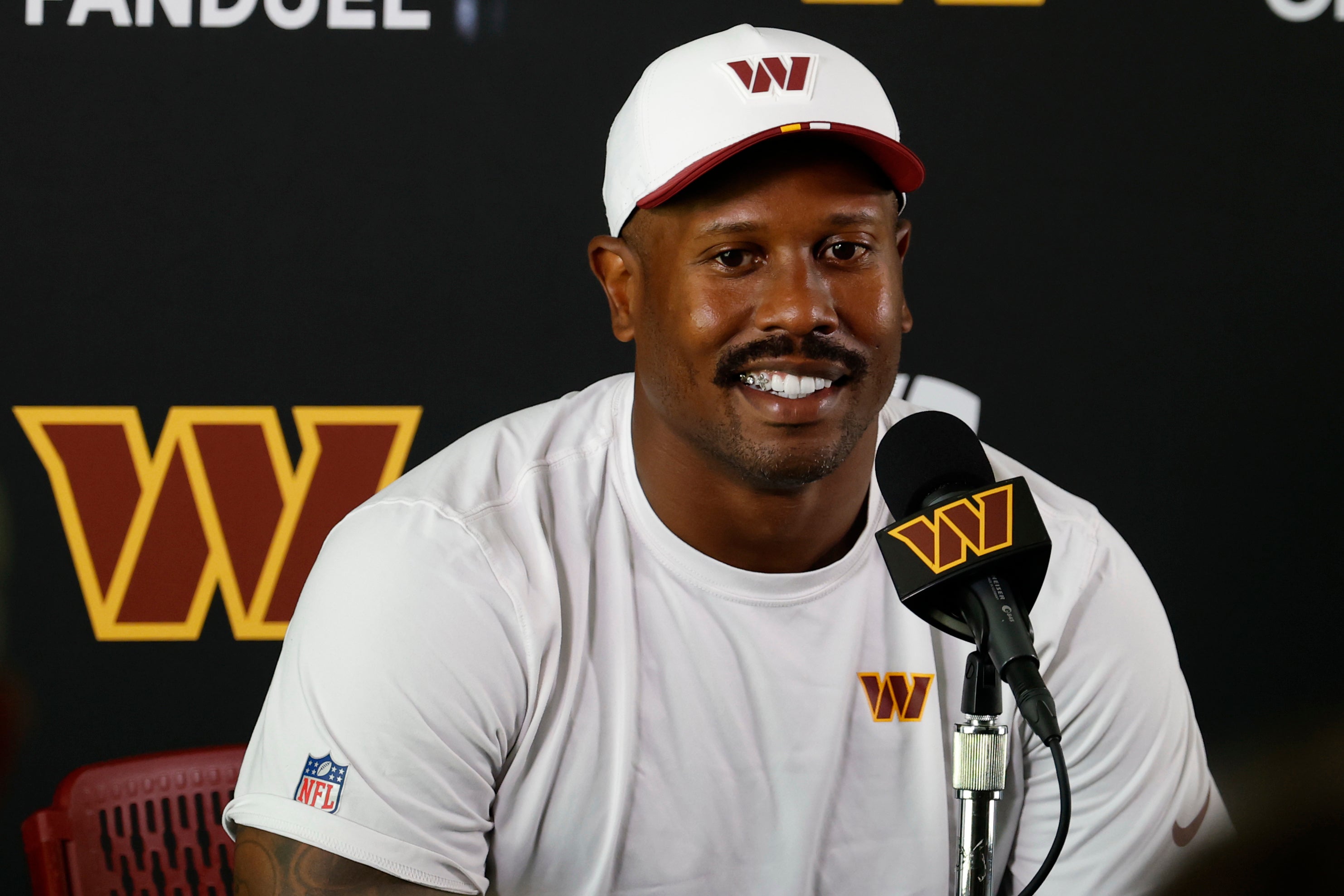 Jul 24, 2025; Ashburn, VA, USA; Washington Commanders outside linebacker Von Miller (24) speaks with the media after practice on day two of training camp at OrthoVirginia Training Center at Commanders Park.