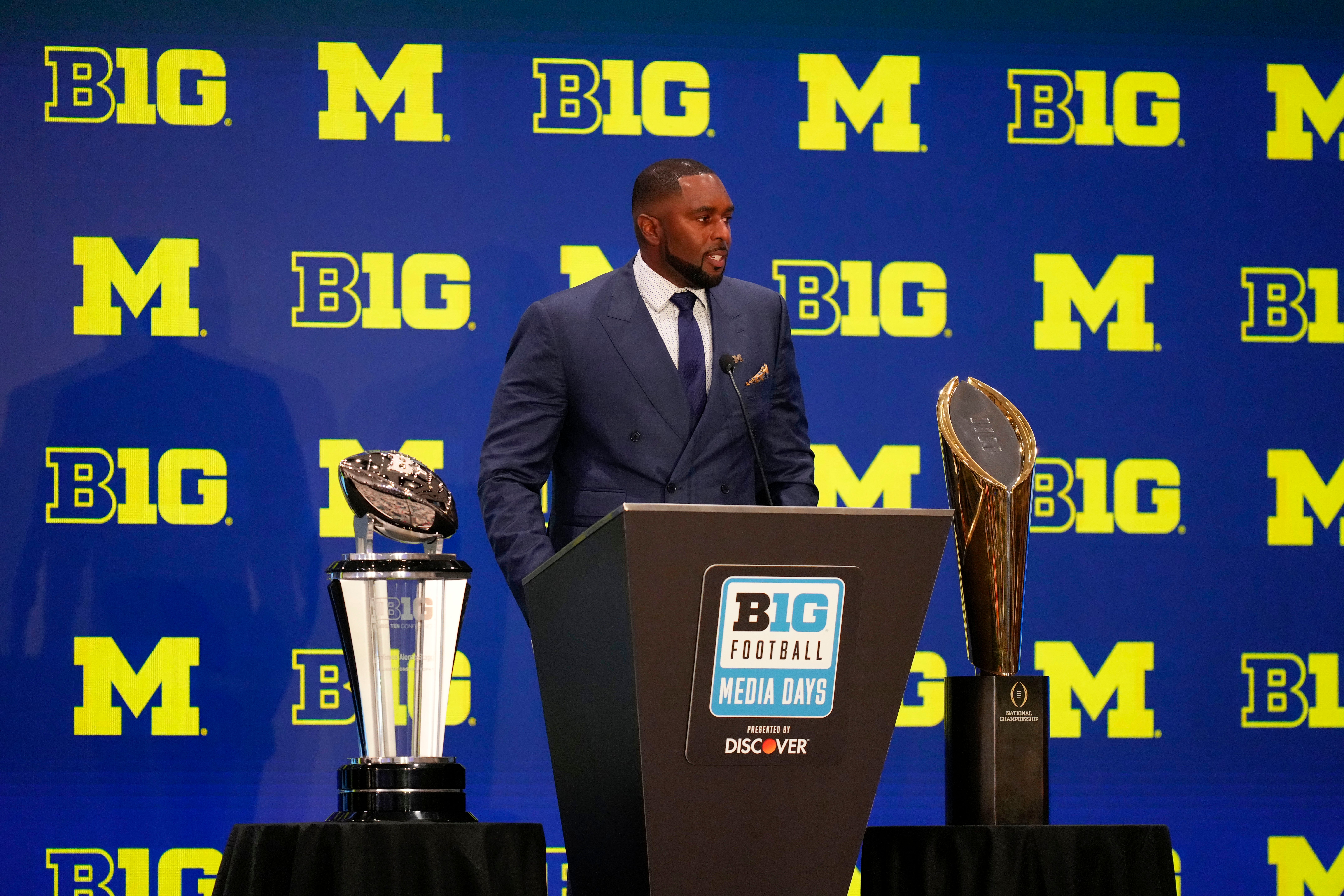 Jul 24, 2025; Las Vegas, NV, USA; Michigan head coach Sherrone Moore speaks to the media during the Big Ten NCAA college football media days at Mandalay Bay Resort.