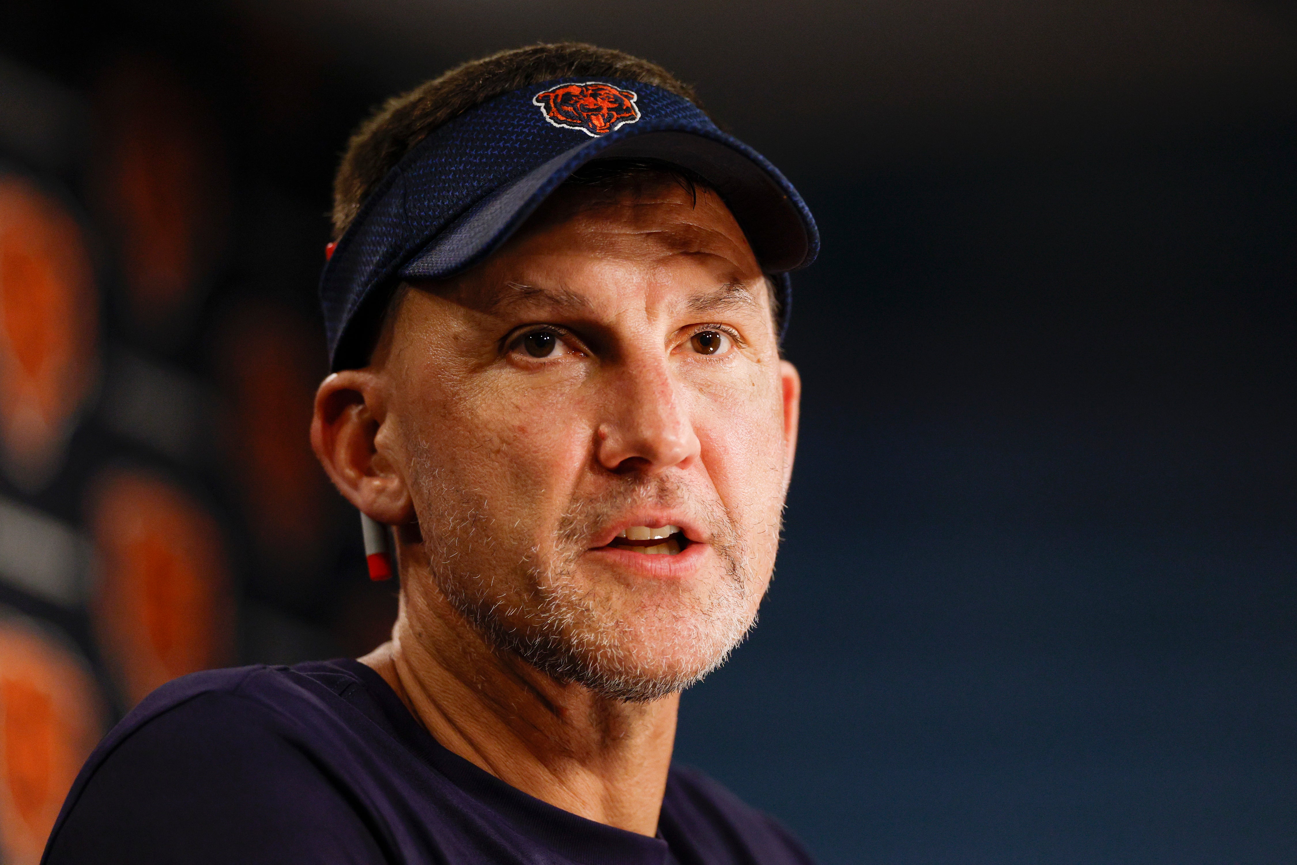 Jul 23, 2025; Lake Forest, IL, USA; Chicago Bears defensive coordinator Dennis Allen speaks during training camp at Halas Hall.